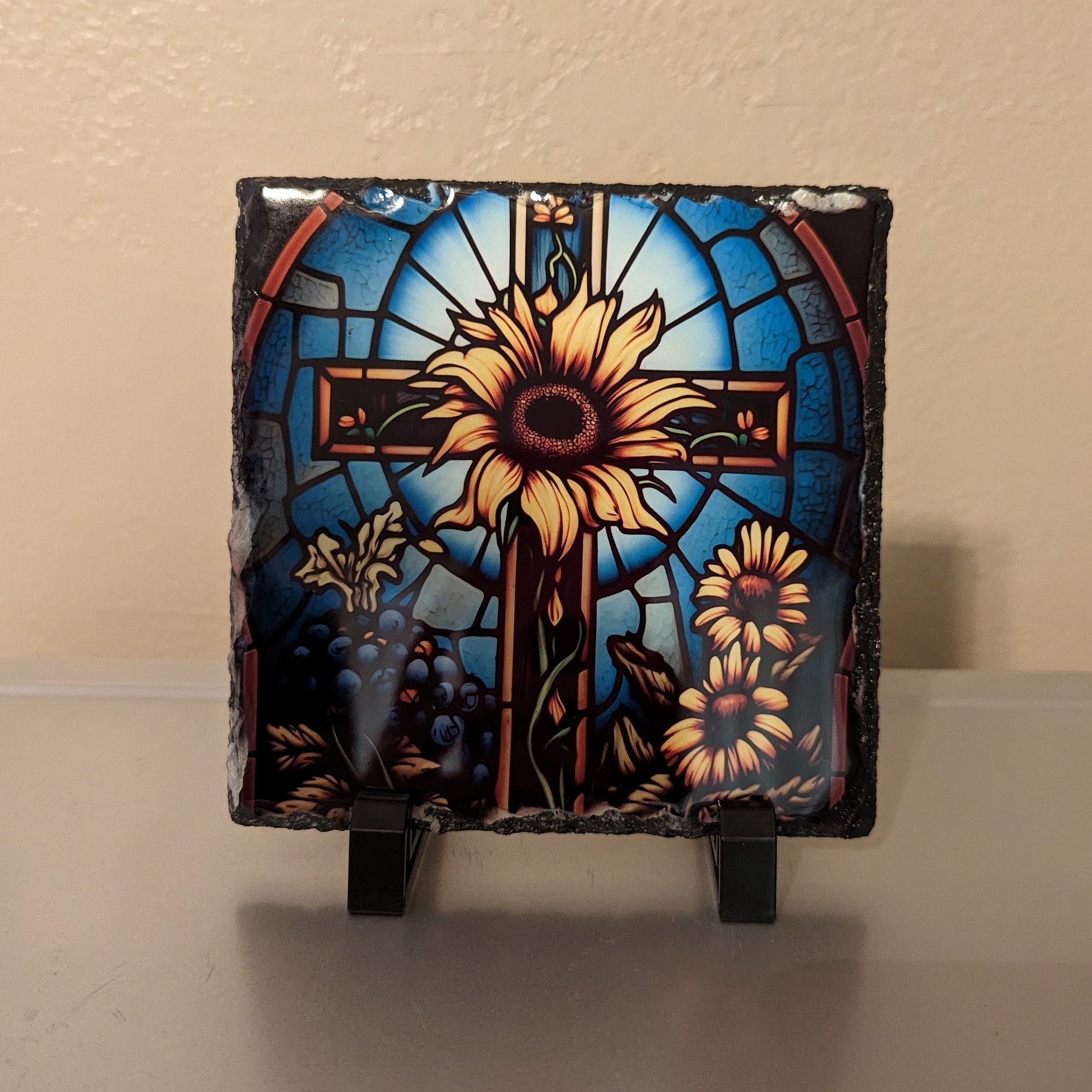 Floral Slate Cross Picture With Display Legs
