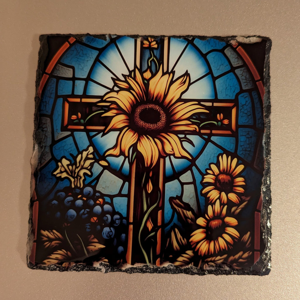 Floral Slate Cross Picture With Display Legs