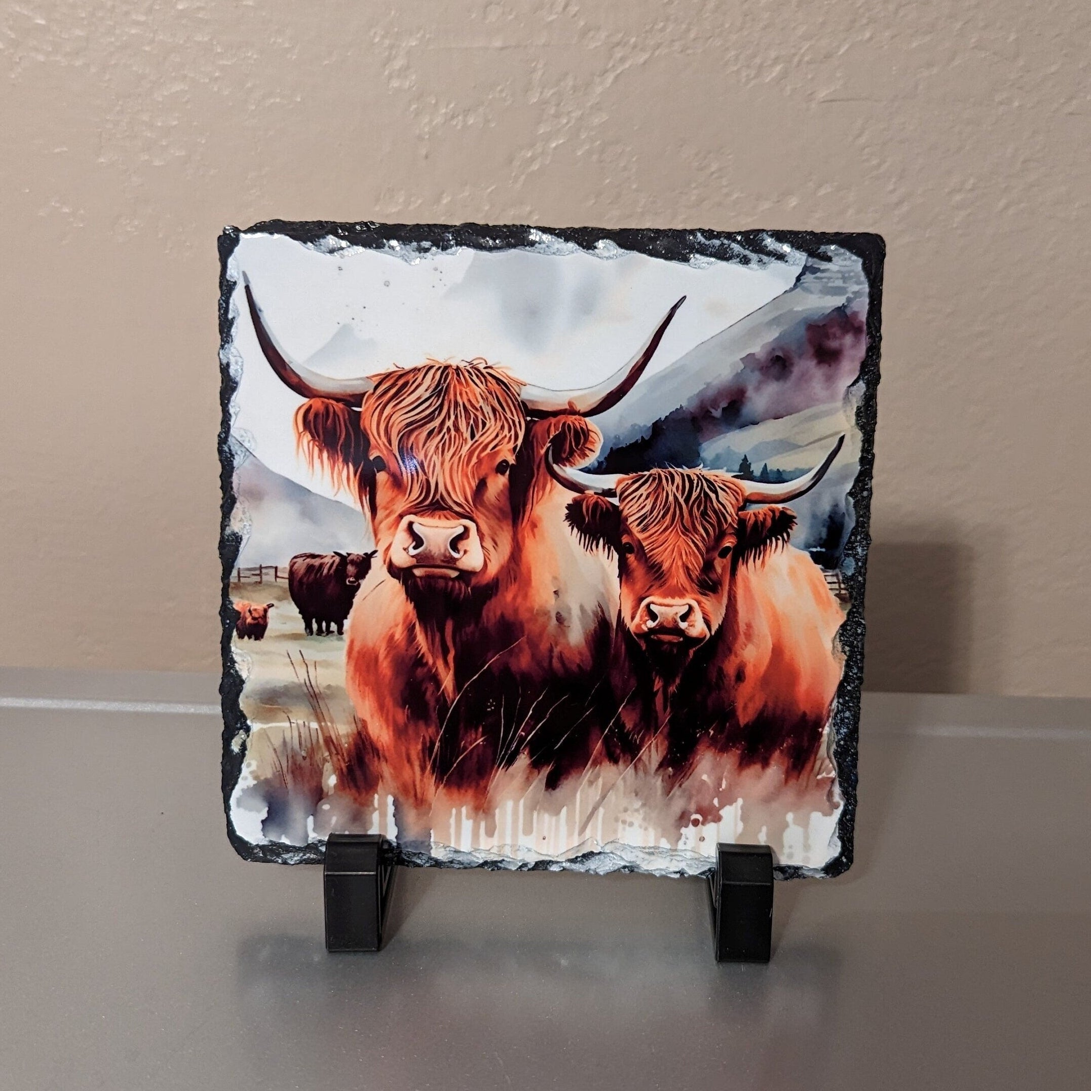 Slate Highland Cow Picture With Display Legs