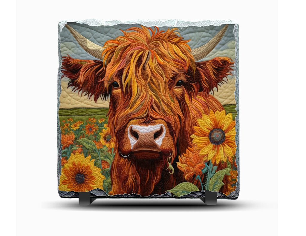 Floral Slate Highland Cow Picture With Display Legs