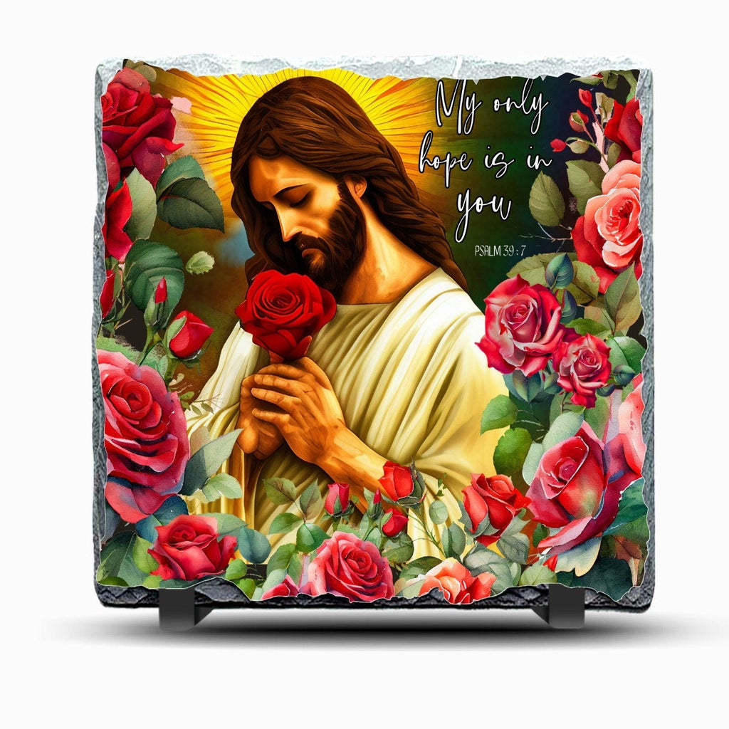 Religious Slate Picture with Jesus and Red Roses Also Includes Display Legs