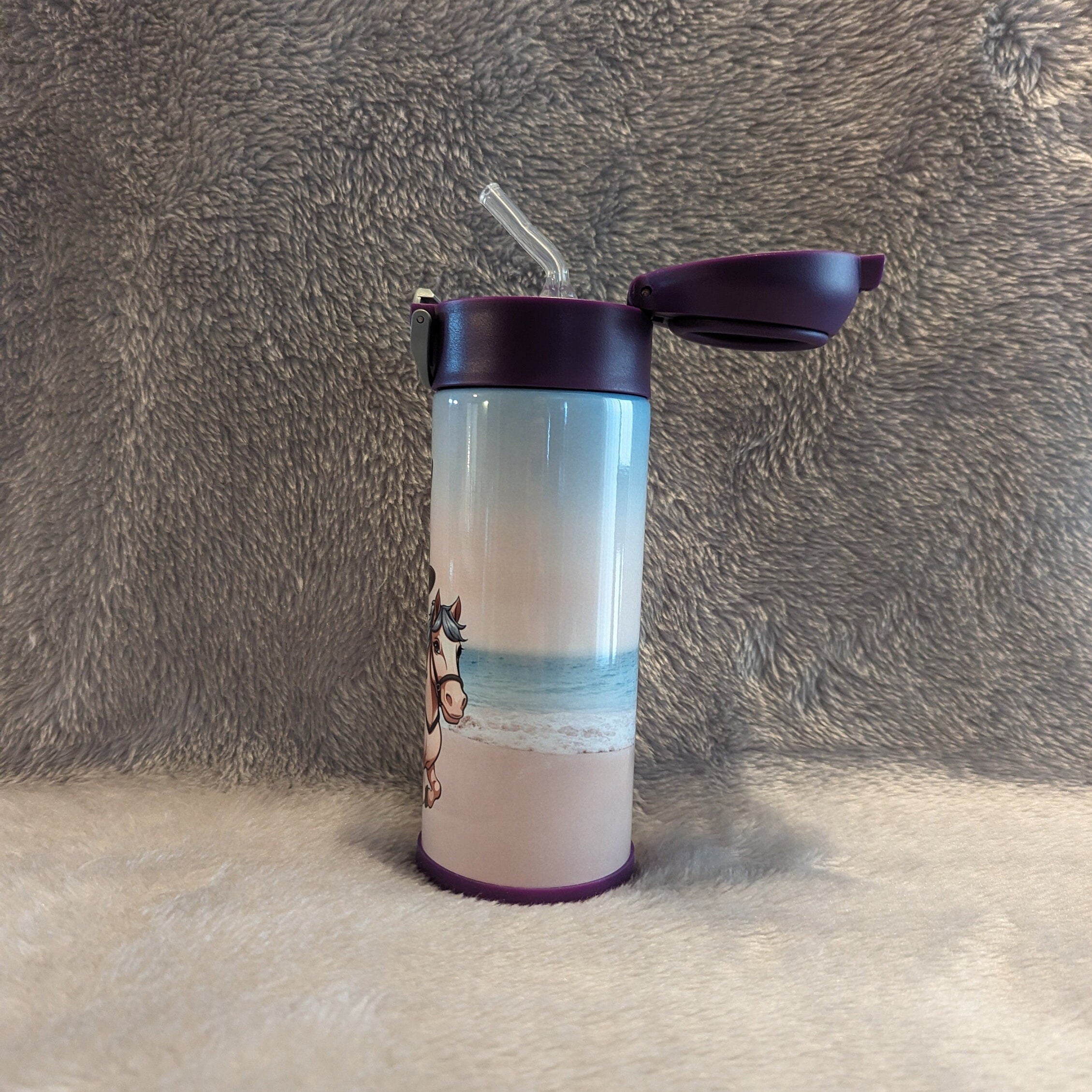 Cute Blonde Cowgirl and Pony Kids Water Bottle 12oz With Reusable Straw Can Be Personalized
