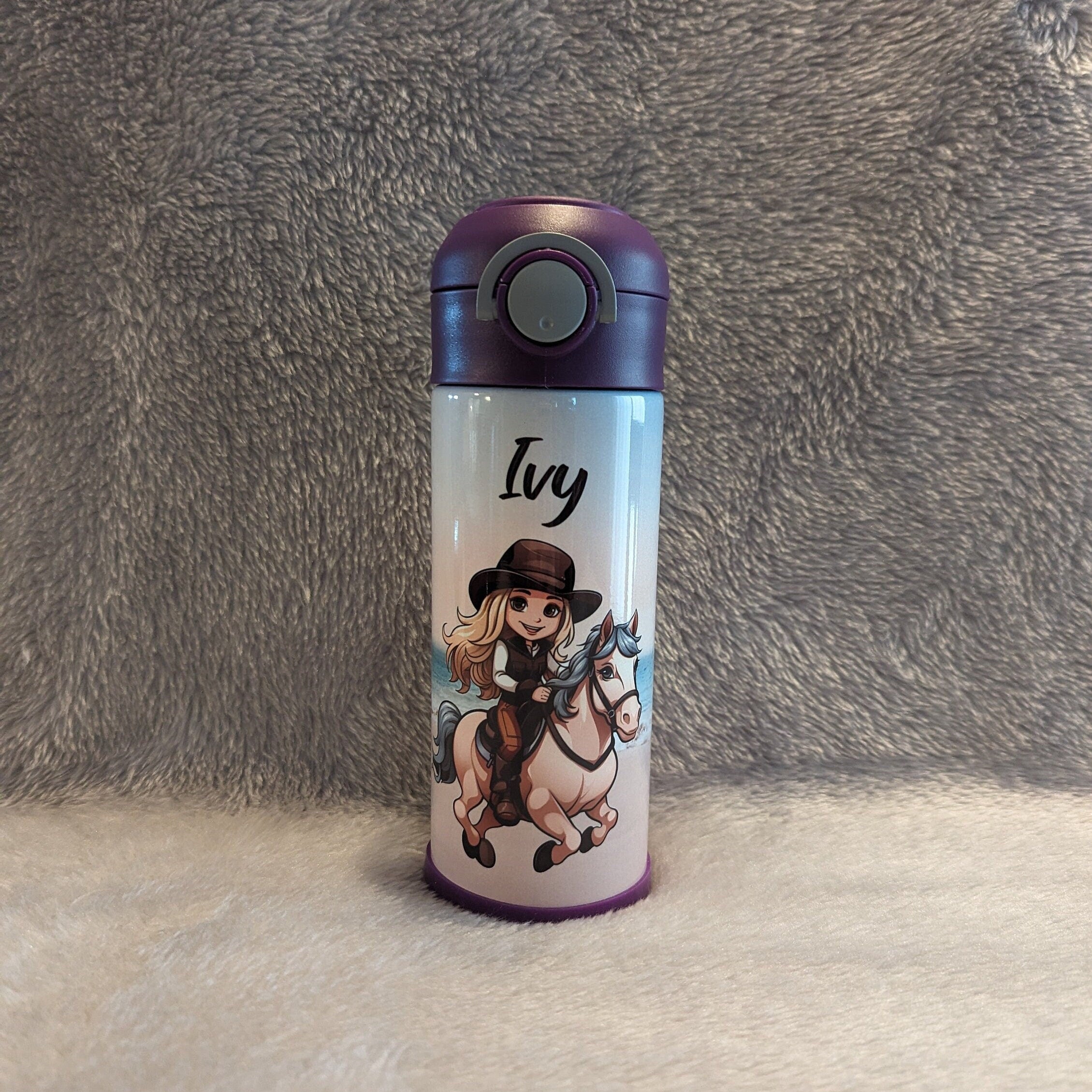 Cute Blonde Cowgirl and Pony Kids Water Bottle 12oz With Reusable Straw Can Be Personalized