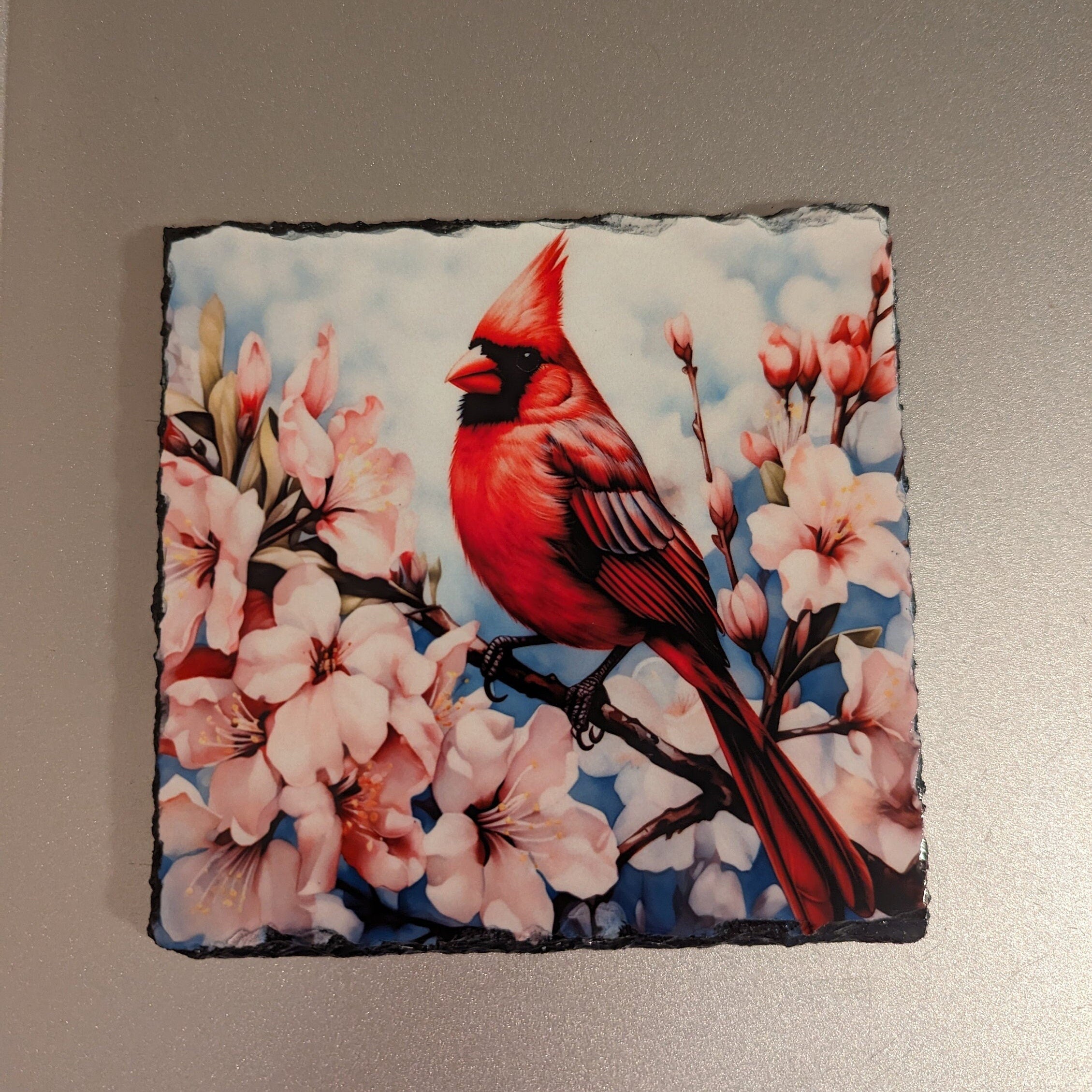 Floral Slate Cardinal Picture with Display Legs