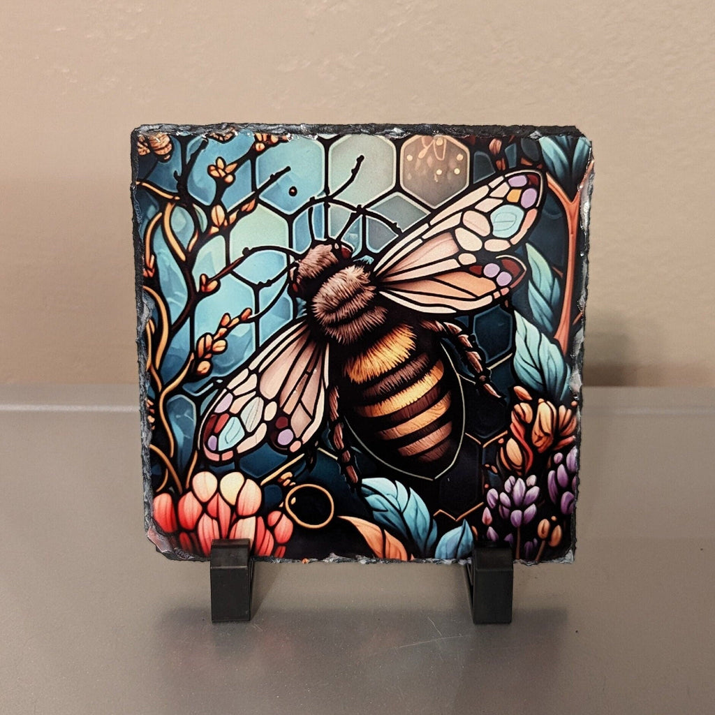 Stained Glass Design Slate Bee Picture With Display Legs