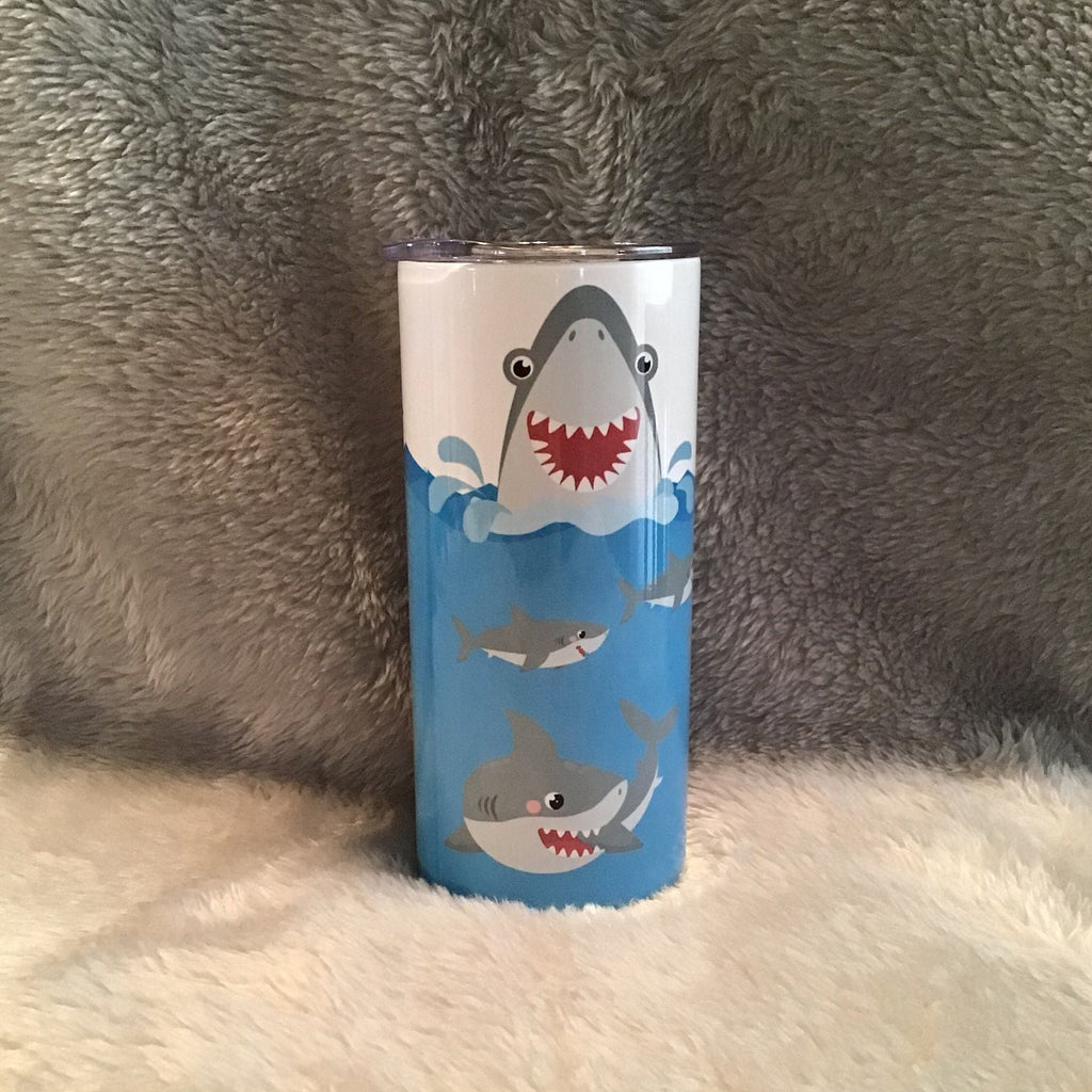 Kids Shark Tumbler Can Be Personalized, Kids Cup With Name and Reusable Straw, 15oz Skinny Tumbler - Great Size For Kids On The Go