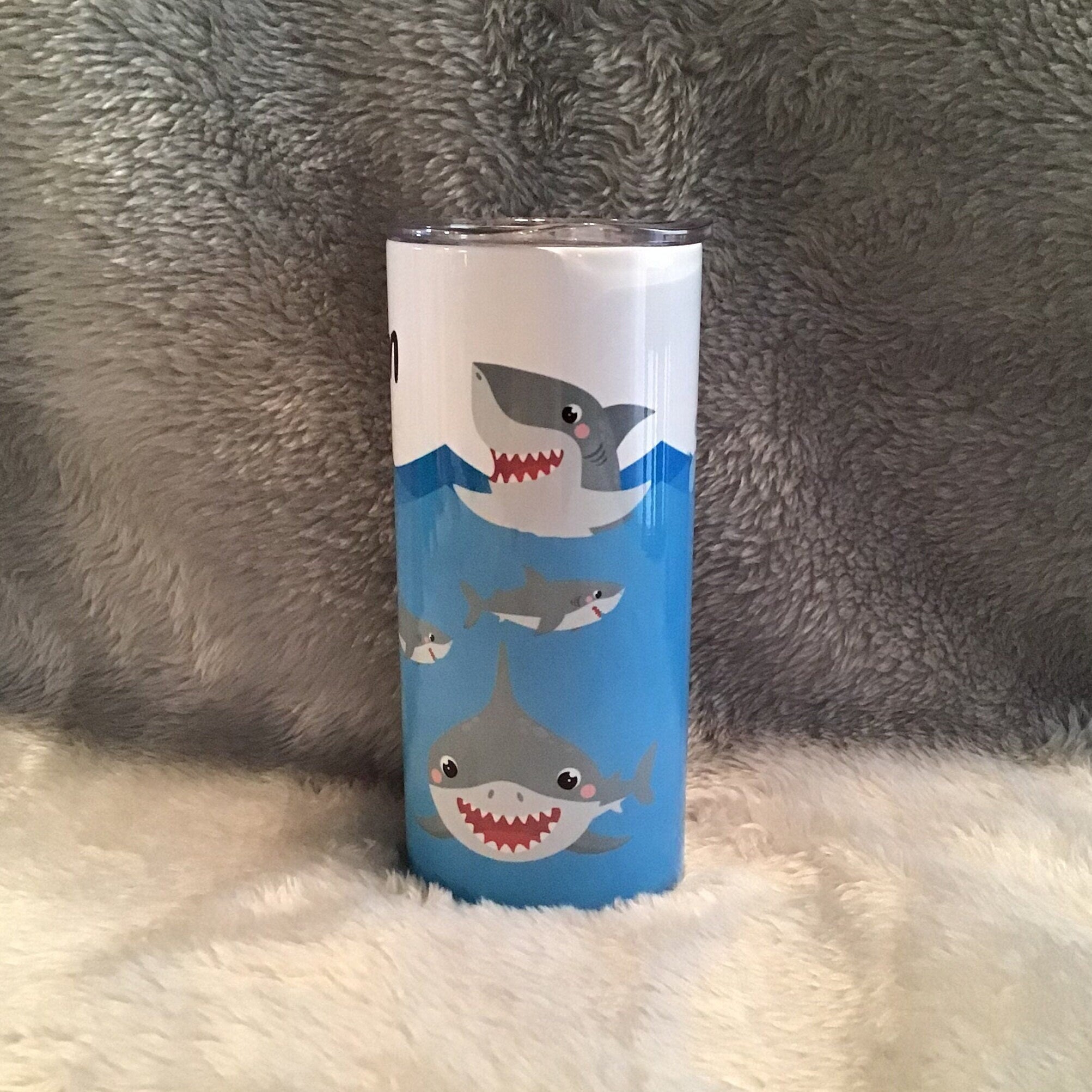 Kids Shark Tumbler Can Be Personalized, Kids Cup With Name and Reusable Straw, 15oz Skinny Tumbler - Great Size For Kids On The Go