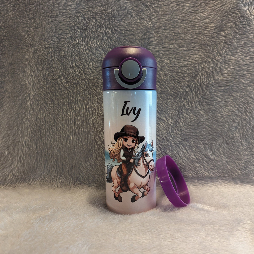 Cute Blonde Cowgirl and Pony Kids Water Bottle 12oz With Reusable Straw Can Be Personalized