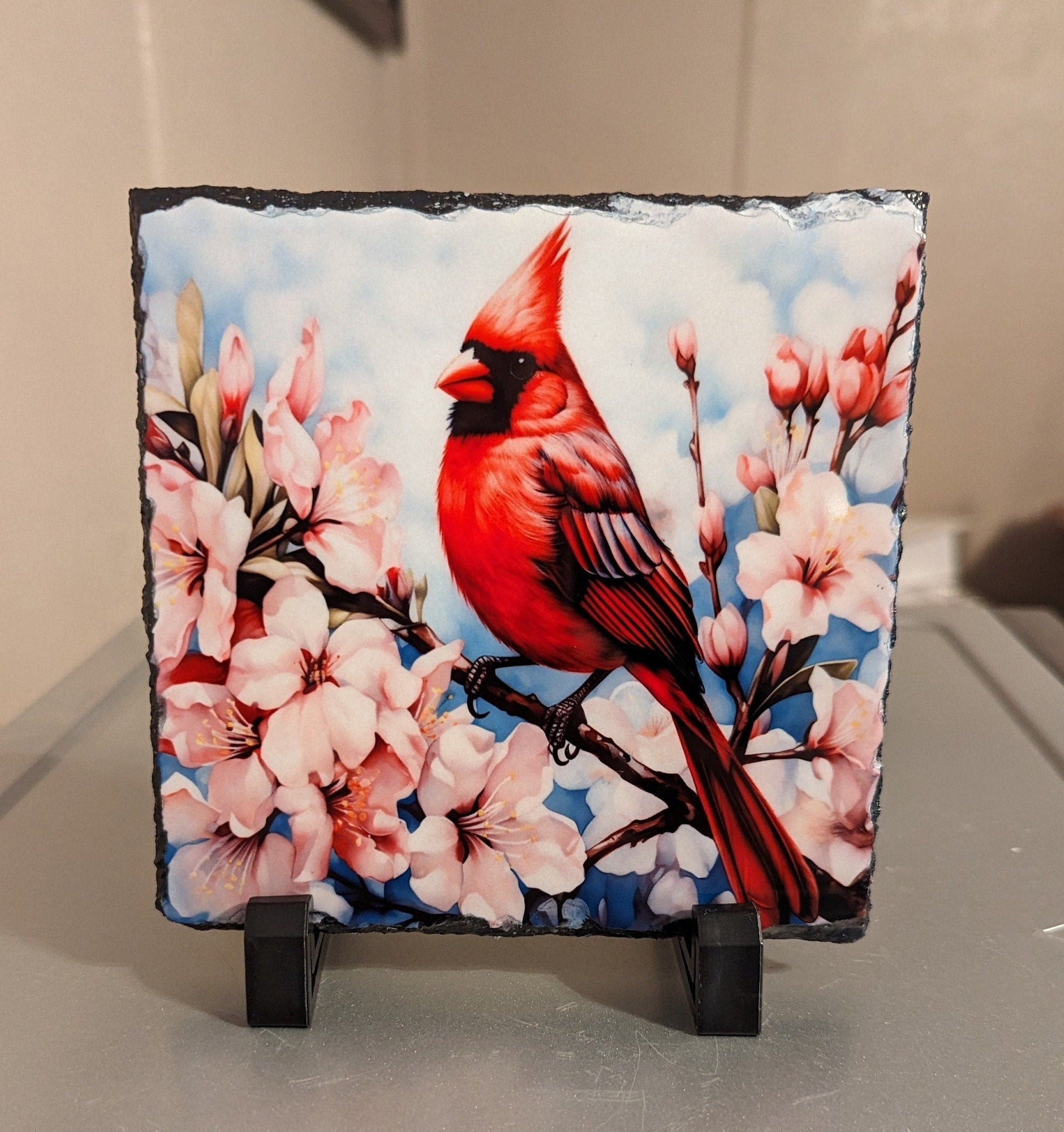 Floral Slate Cardinal Picture with Display Legs