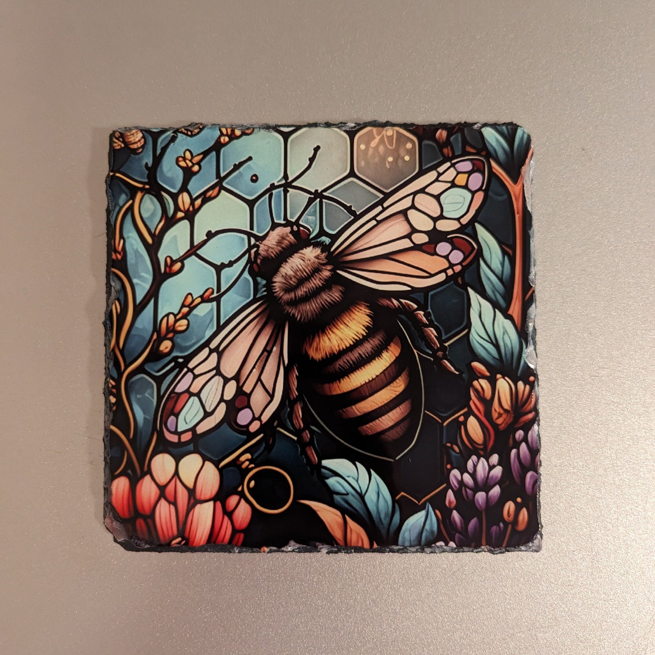 Stained Glass Design Slate Bee Picture With Display Legs