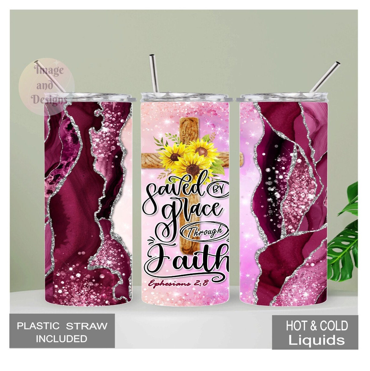 Bible Verse Inspired Tumbler with Cross Design, Ephesians 2:8, Glitter Design Tumbler, Christian Gift, Inspirational Gift, Religious Tumbler