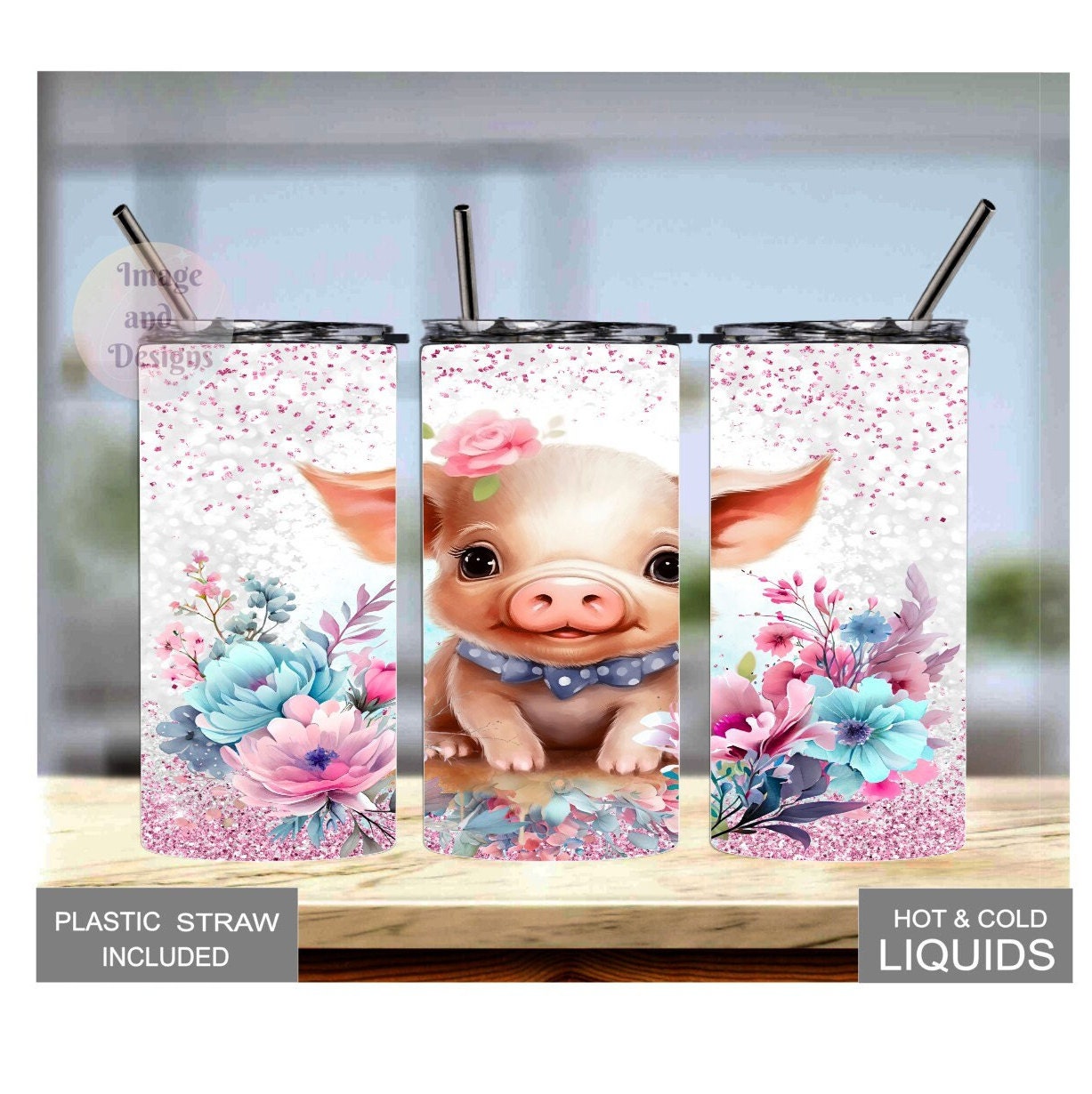 Cute Piglet Tumbler with Floral Accents and a Glitter Design - Perfect for Kids and Pig Lovers, Kids Pig Tumbler, Pig Cup, Pig Lover Gift