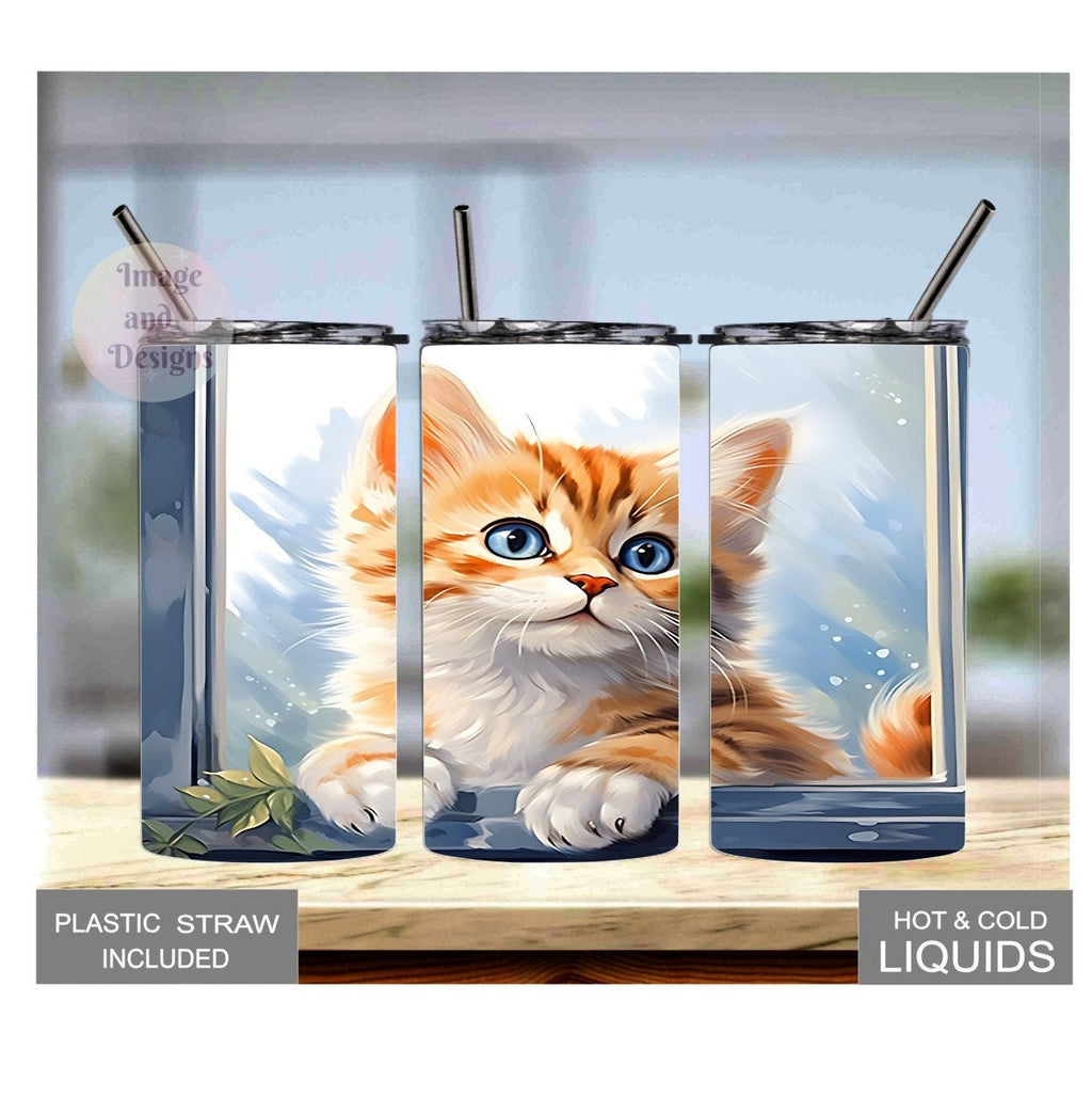 Kids Kitten Tumbler with Playful Kitten Peeking in the Window 15oz With Reusable Straw, Can Be Personalized