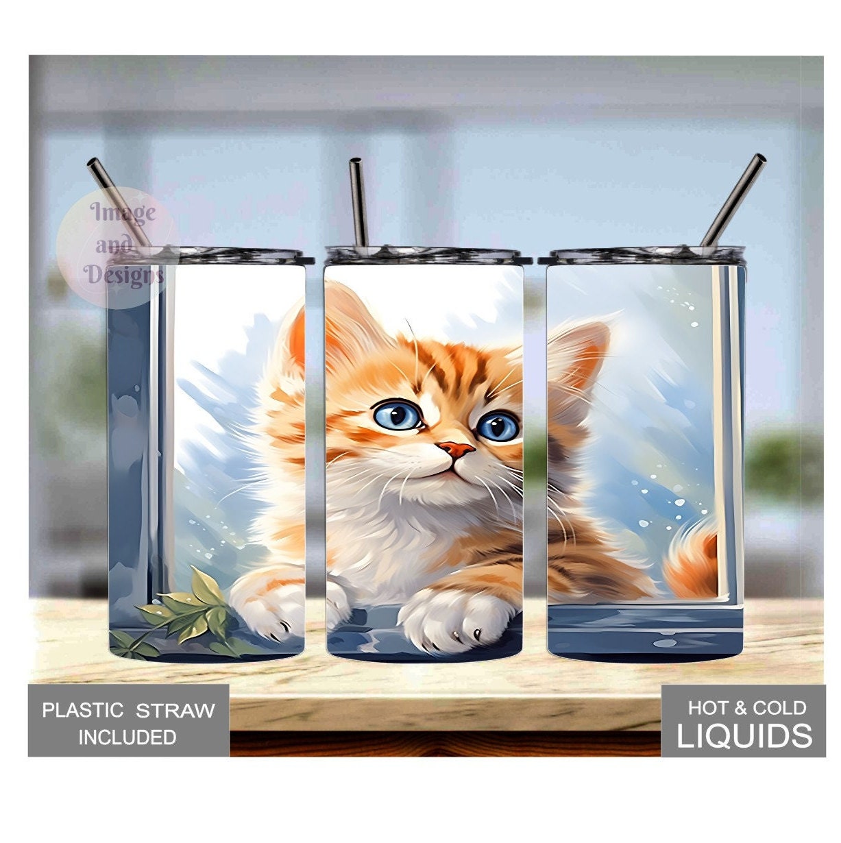 Kids Kitten Tumbler with Playful Kitten Peeking in the Window 15oz With Reusable Straw, Can Be Personalized