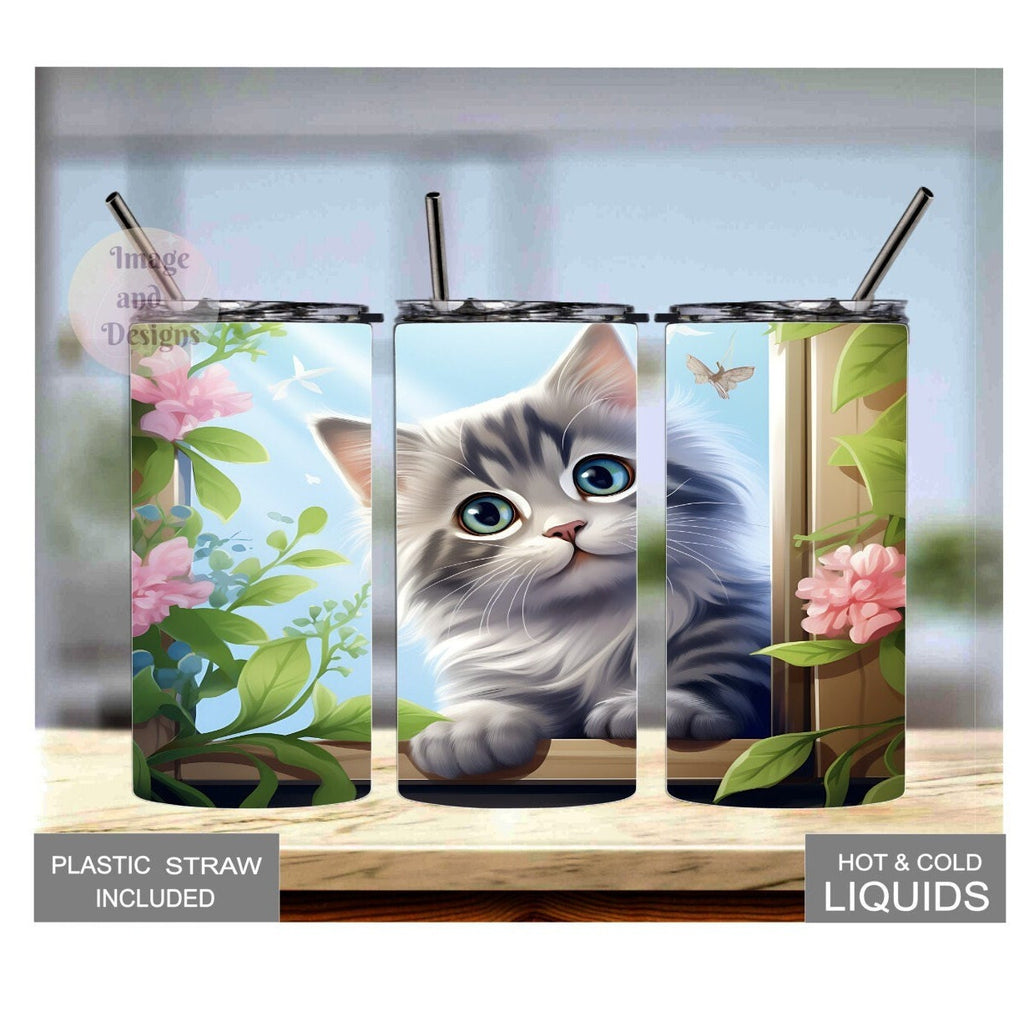 Adorable Kids Kitten Tumbler 15oz With Reusable Straw, Can Be Personalized