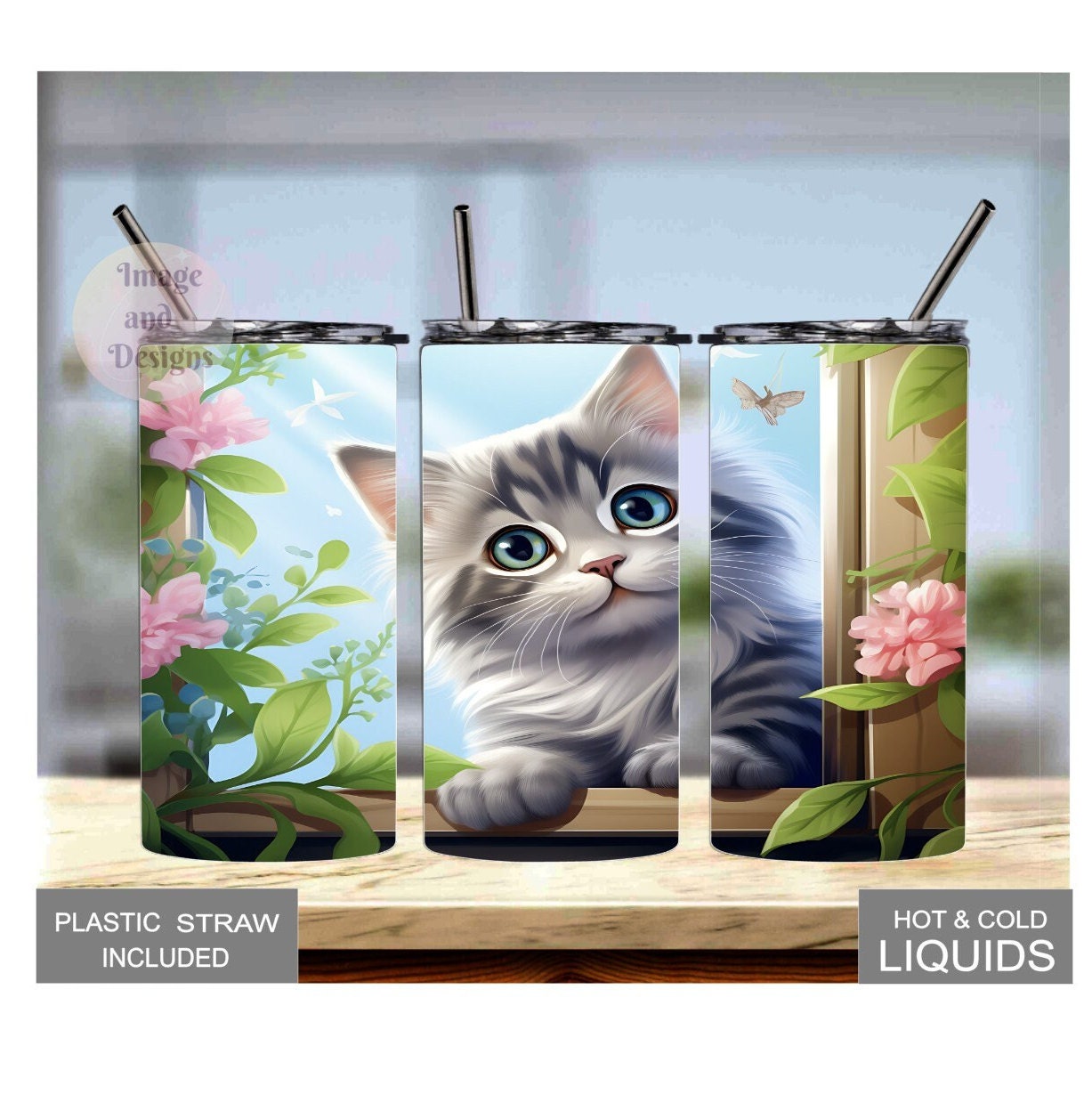 Adorable Kids Kitten Tumbler 15oz With Reusable Straw, Can Be Personalized