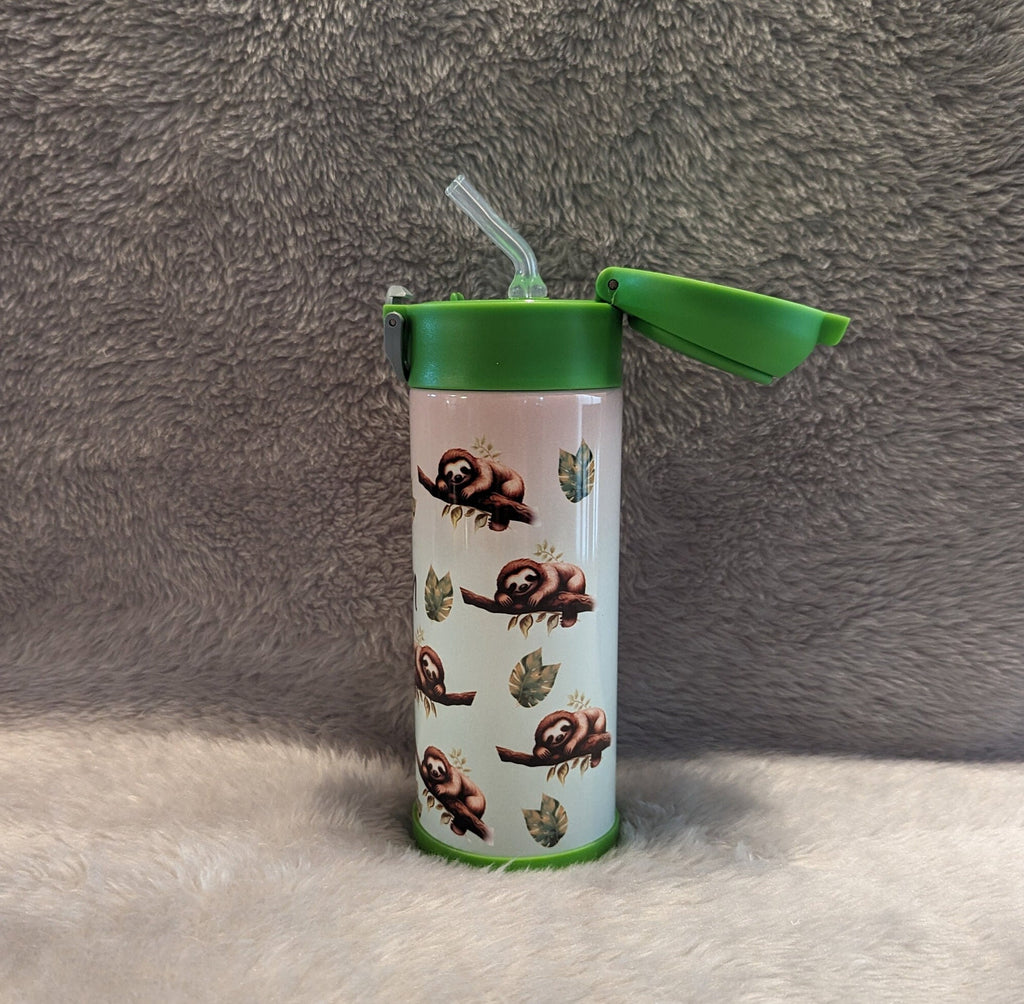 Kids Sloth Water Bottle 12oz With Reusable Straw Can Be Personalized