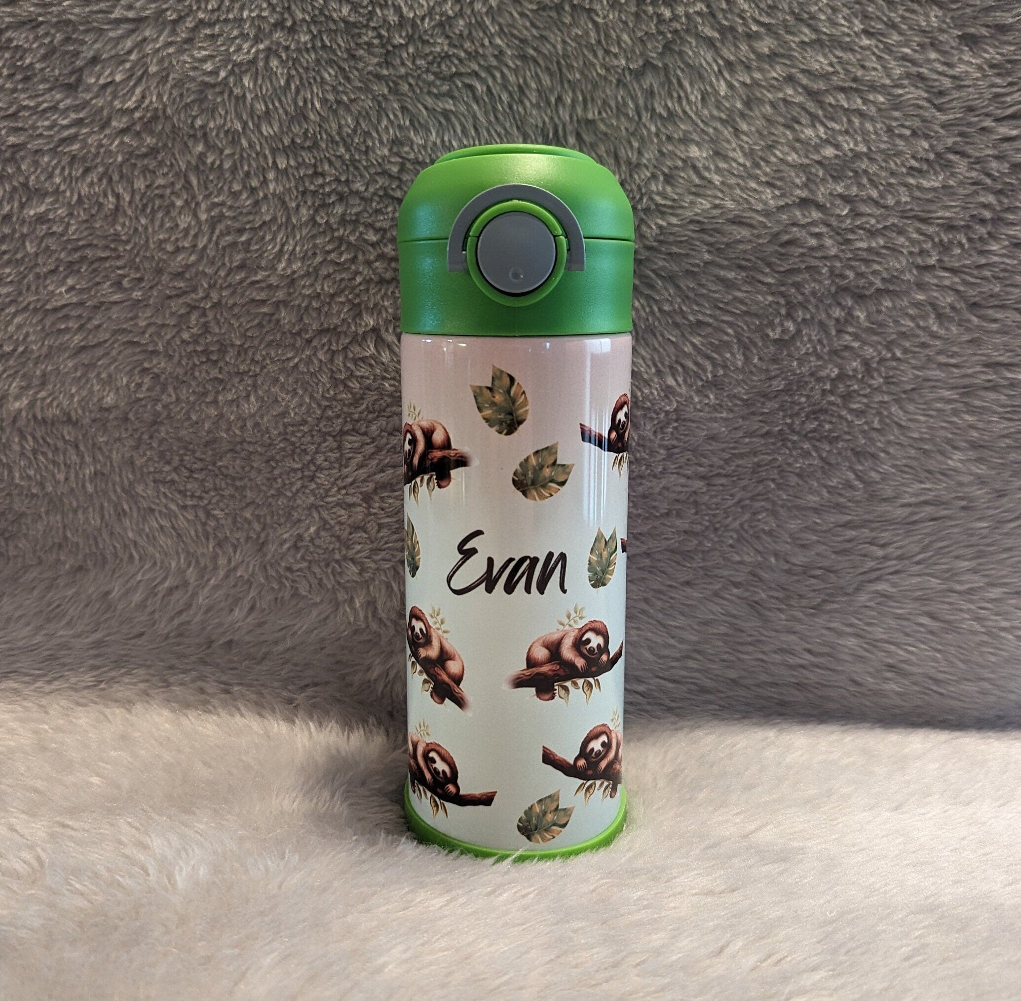 Kids Sloth Water Bottle 12oz With Reusable Straw Can Be Personalized