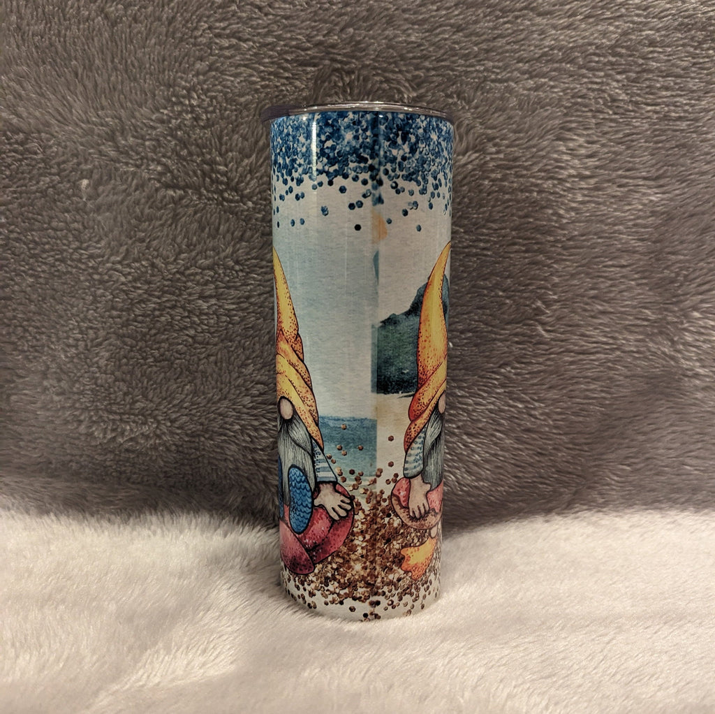 Beach Gnome Tumbler With Three Gnomes Relaxing On The Beach, Gift For Beach Lover, Beach Gnome Cup, Personalized Gnome Tumbler, 20oz Tumbler