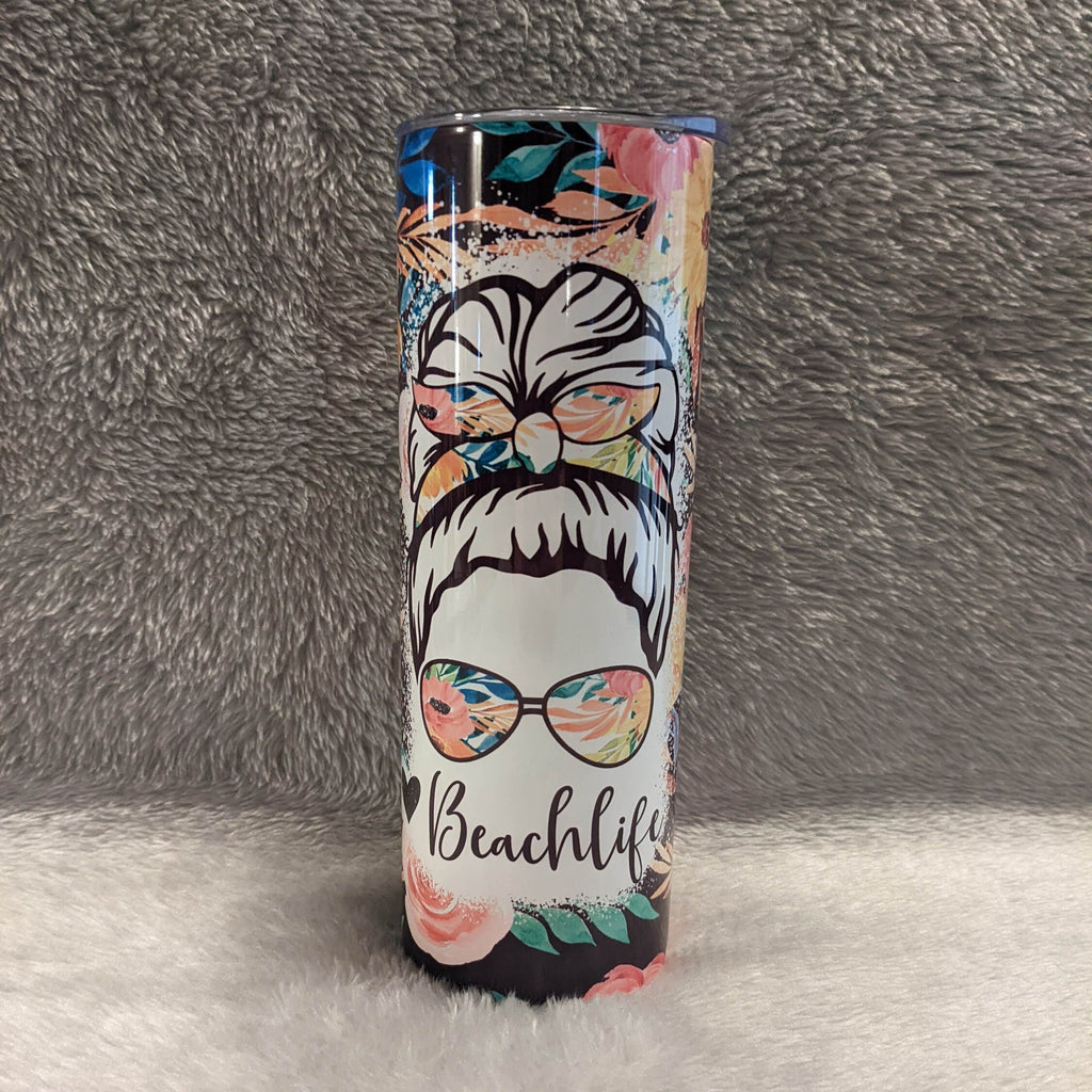 Beach Life Messy Bun Girl Tumbler 20oz With Reusable Straw