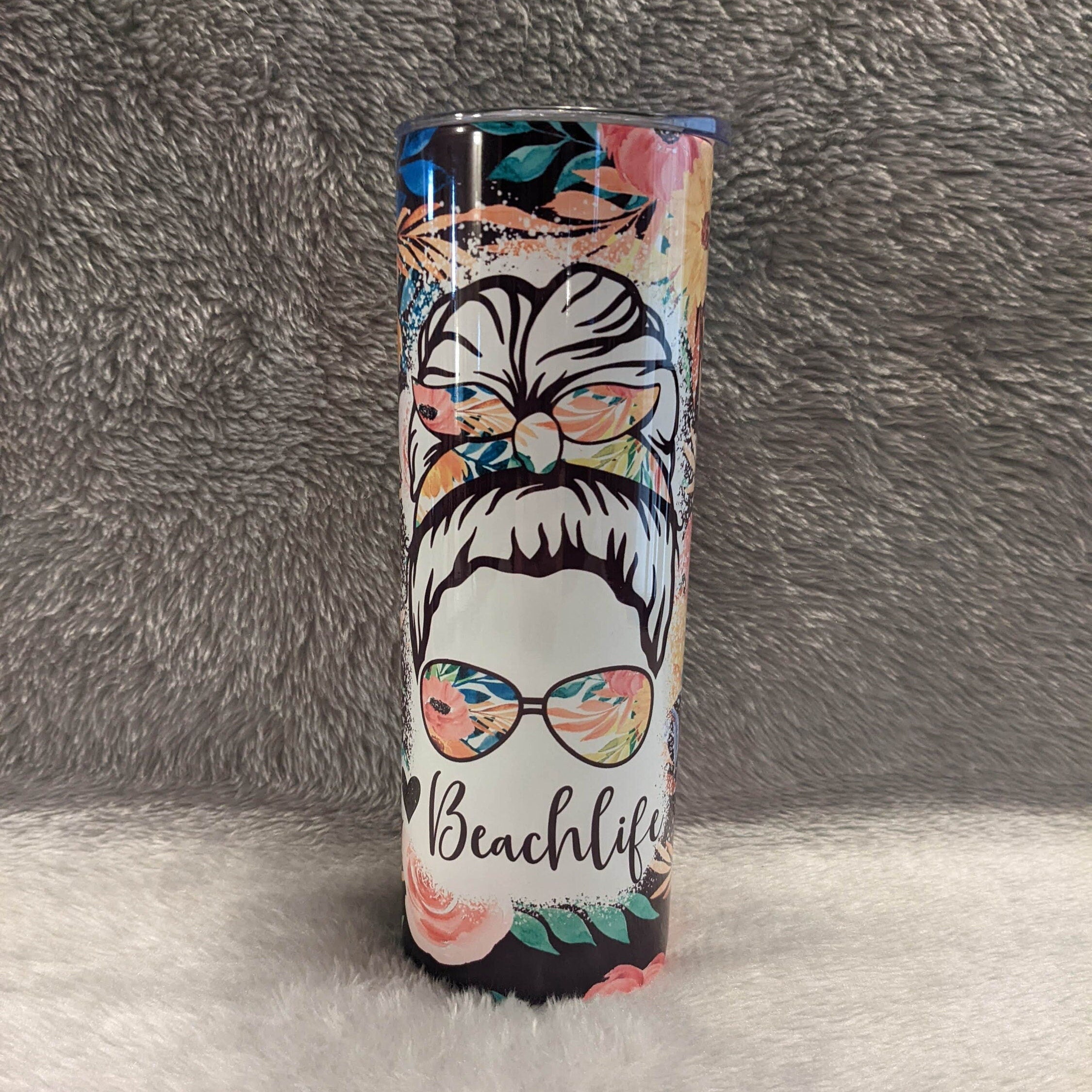 Beach Life Messy Bun Girl Tumbler 20oz With Reusable Straw
