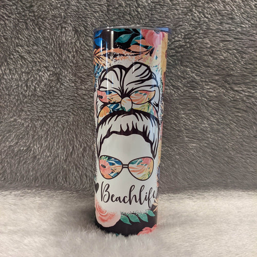 Beach Life Messy Bun Girl Tumbler 20oz With Reusable Straw