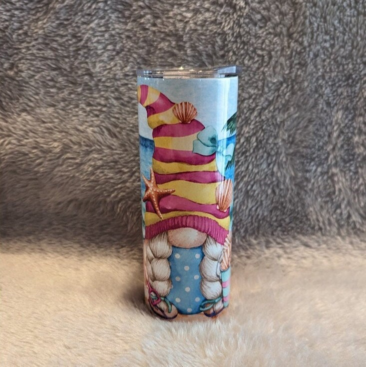 Cute Beach Gnome Tumbler Can be Personalized, Great For Home Or At The Beach, 20oz Insulated Tumbler With Reusable Straw, Beach Lover Gift