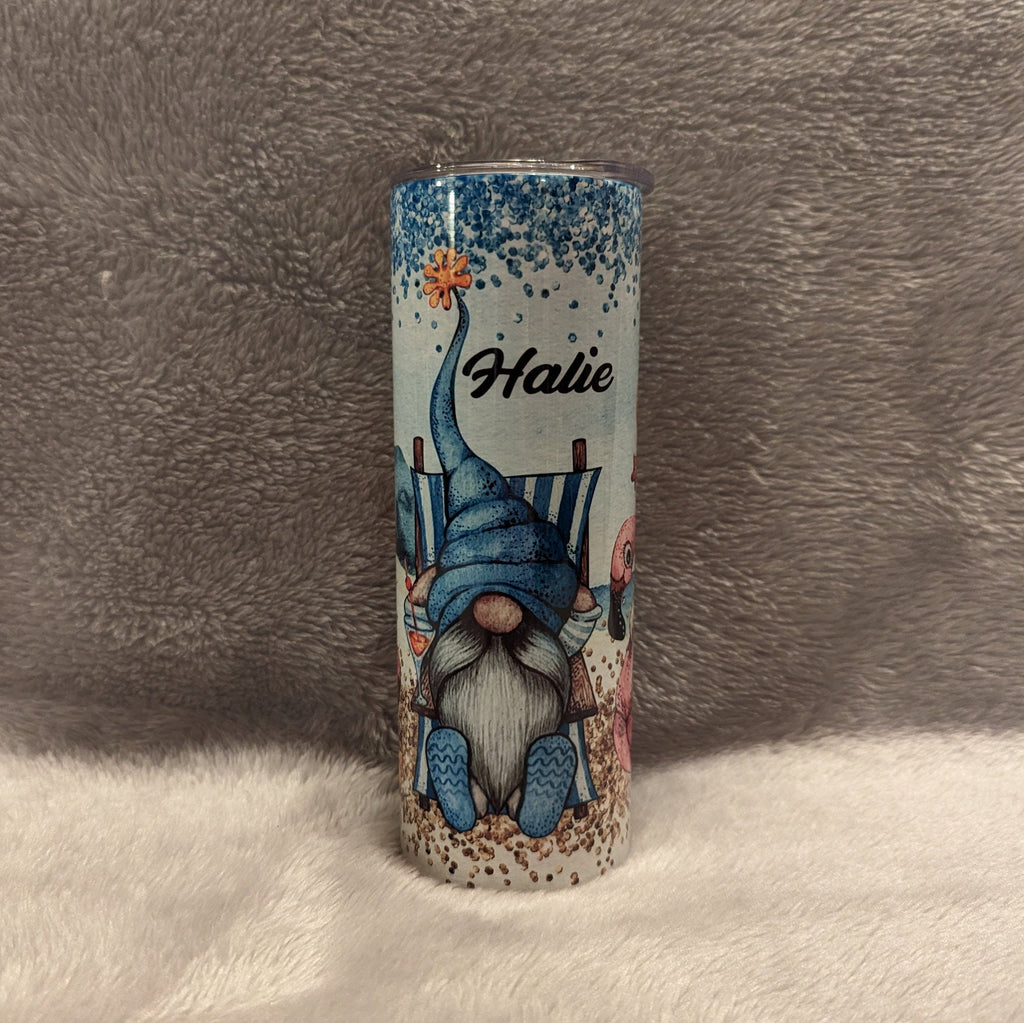 Beach Gnome Tumbler With Three Gnomes Relaxing On The Beach, Gift For Beach Lover, Beach Gnome Cup, Personalized Gnome Tumbler, 20oz Tumbler