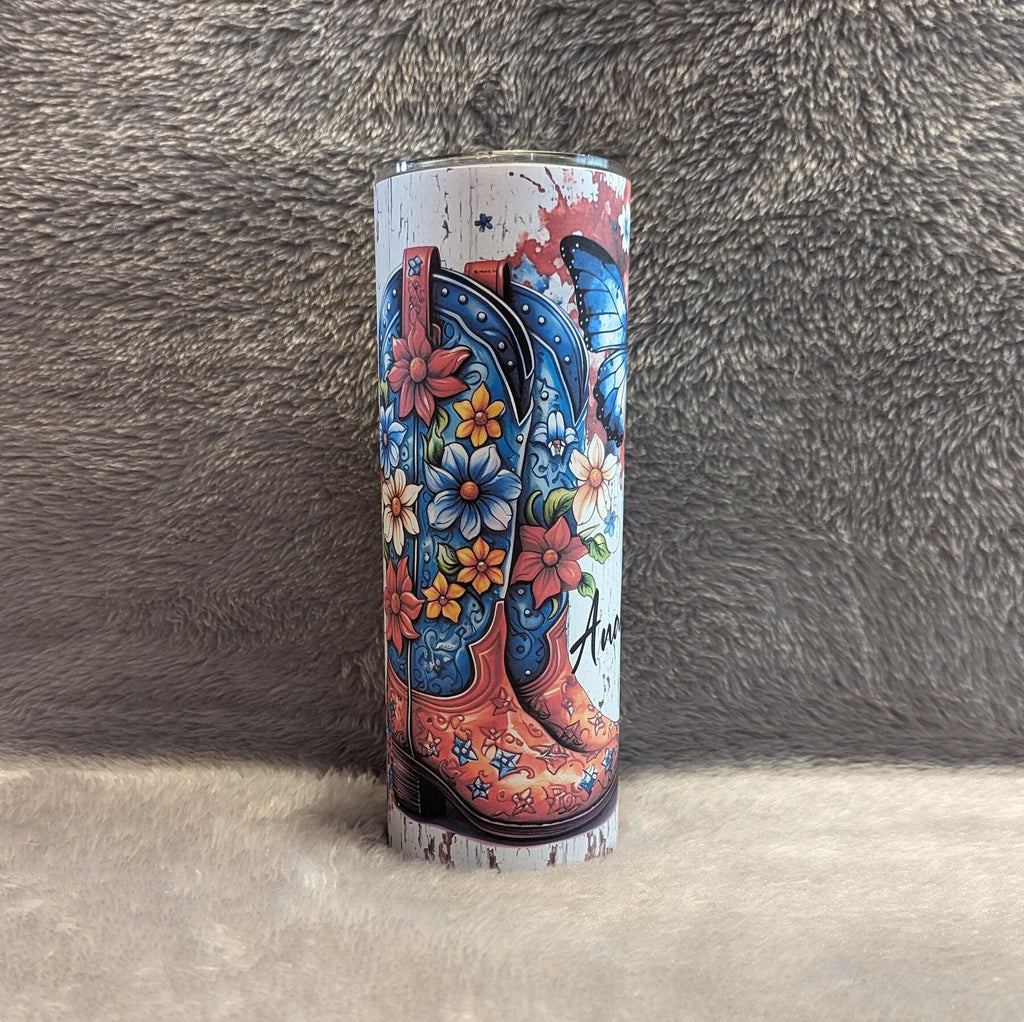 Patriotic Country Cowgirl Boots Tumbler With Straw, Girls Cowgirl Boots Flowers and Butterflies, Personalized Cowgirl Tumbler, Gift For Her
