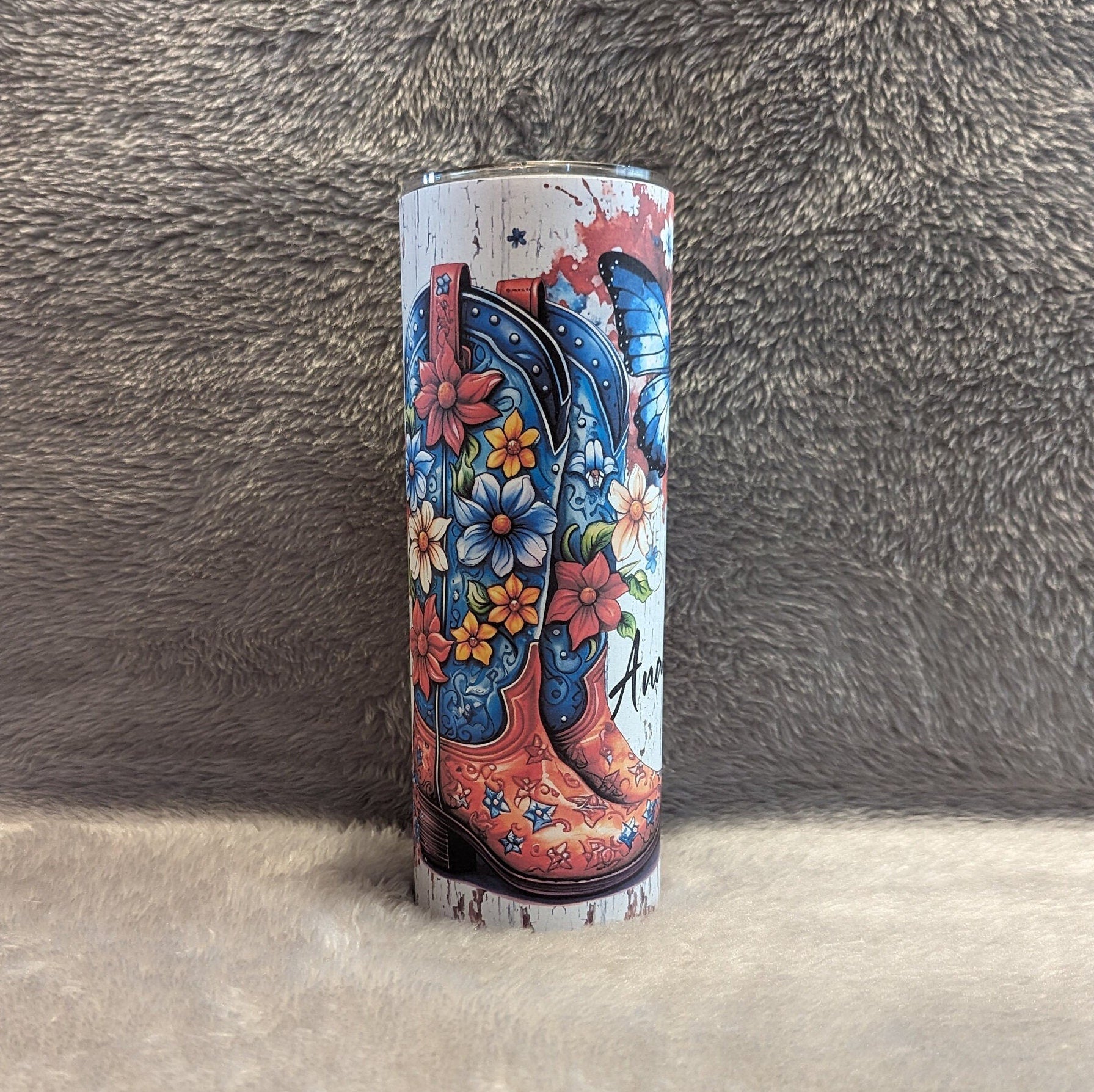 Patriotic Country Cowgirl Boots Tumbler With Straw, Girls Cowgirl Boots Flowers and Butterflies, Personalized Cowgirl Tumbler, Gift For Her