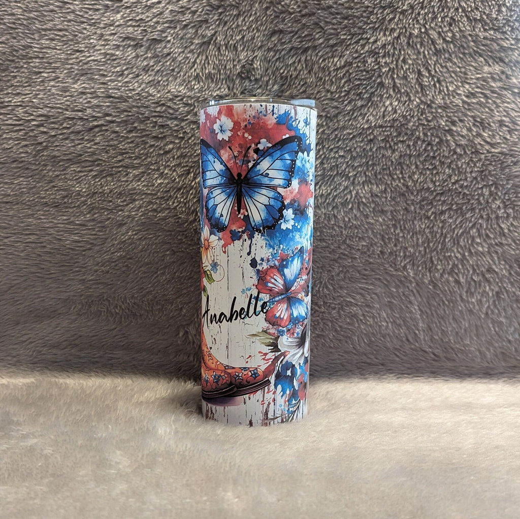 Patriotic Country Cowgirl Boots Tumbler With Straw, Girls Cowgirl Boots Flowers and Butterflies, Personalized Cowgirl Tumbler, Gift For Her