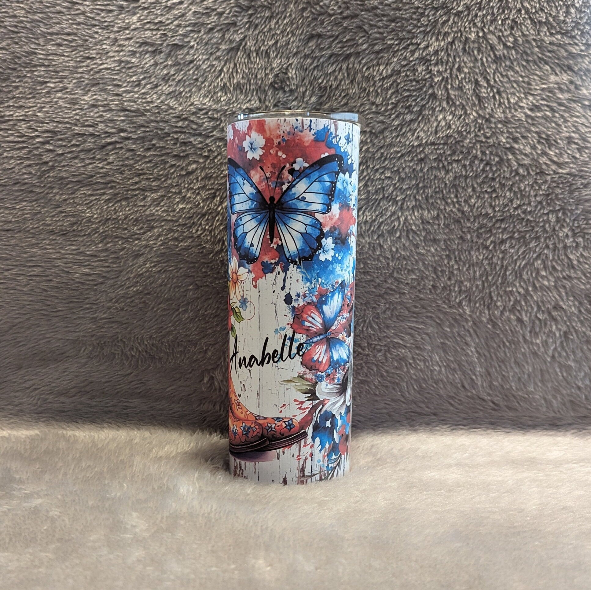 Patriotic Country Cowgirl Boots Tumbler With Straw, Girls Cowgirl Boots Flowers and Butterflies, Personalized Cowgirl Tumbler, Gift For Her