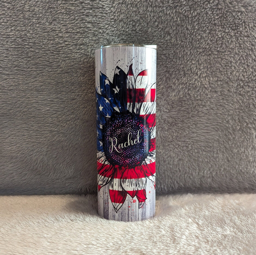 Patriotic Sunflower Tumbler Personalized, Patriotic Sunflower Cup With Name, Patriotic Flower Gift, Gift For Her, Hot Or Cold Drinkware
