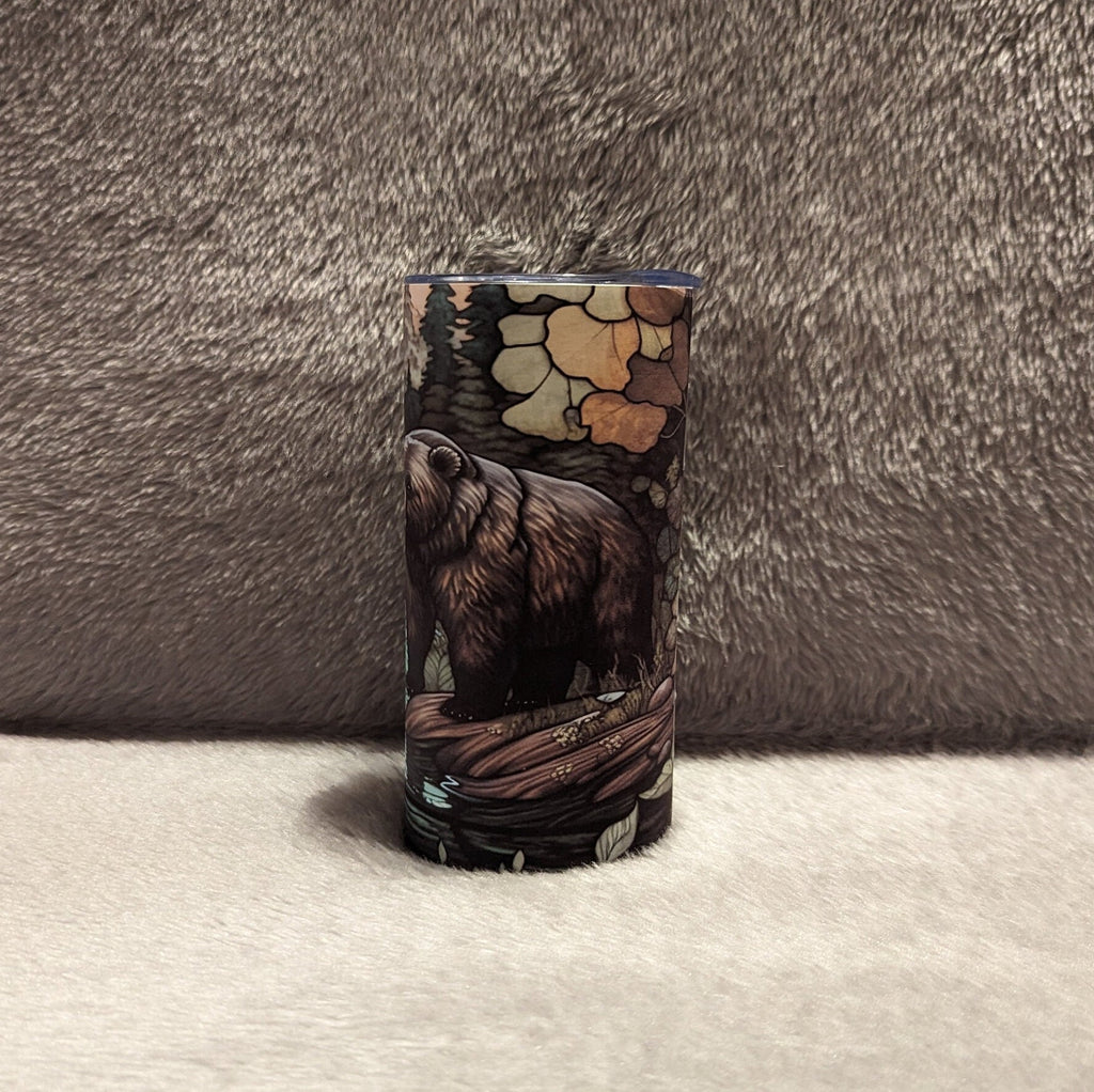 Kids Brown Bear Tumbler with Unique Stained Glass Design, Kids Bear Tumbler With A Bear And Her Cubs, Bear Lover Gift