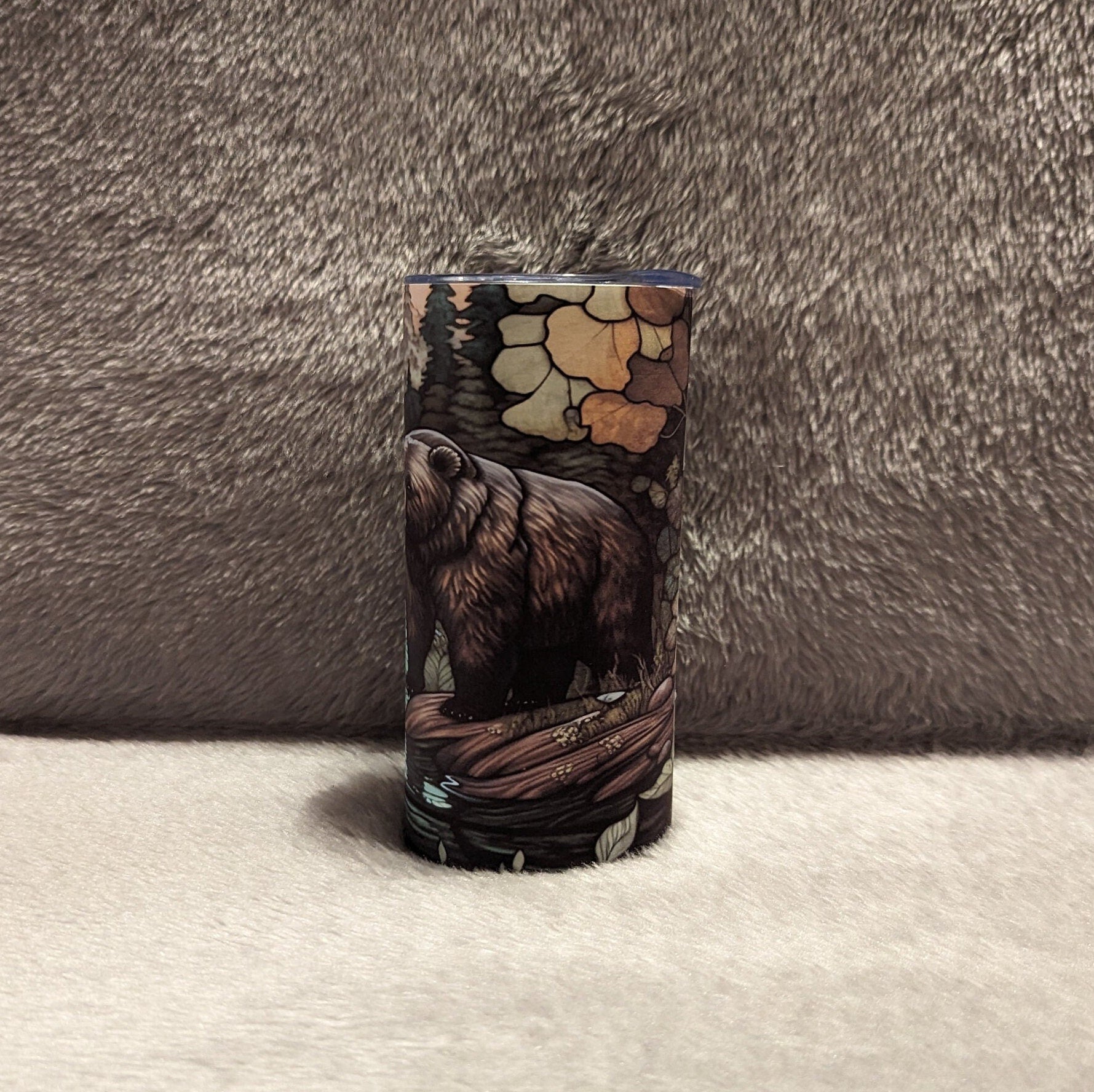 Kids Brown Bear Tumbler with Unique Stained Glass Design, Kids Bear Tumbler With A Bear And Her Cubs, Bear Lover Gift