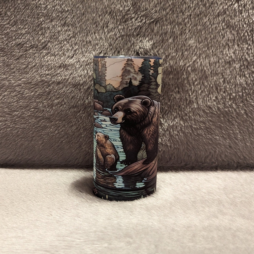 Kids Brown Bear Tumbler with Unique Stained Glass Design, Kids Bear Tumbler With A Bear And Her Cubs, Bear Lover Gift