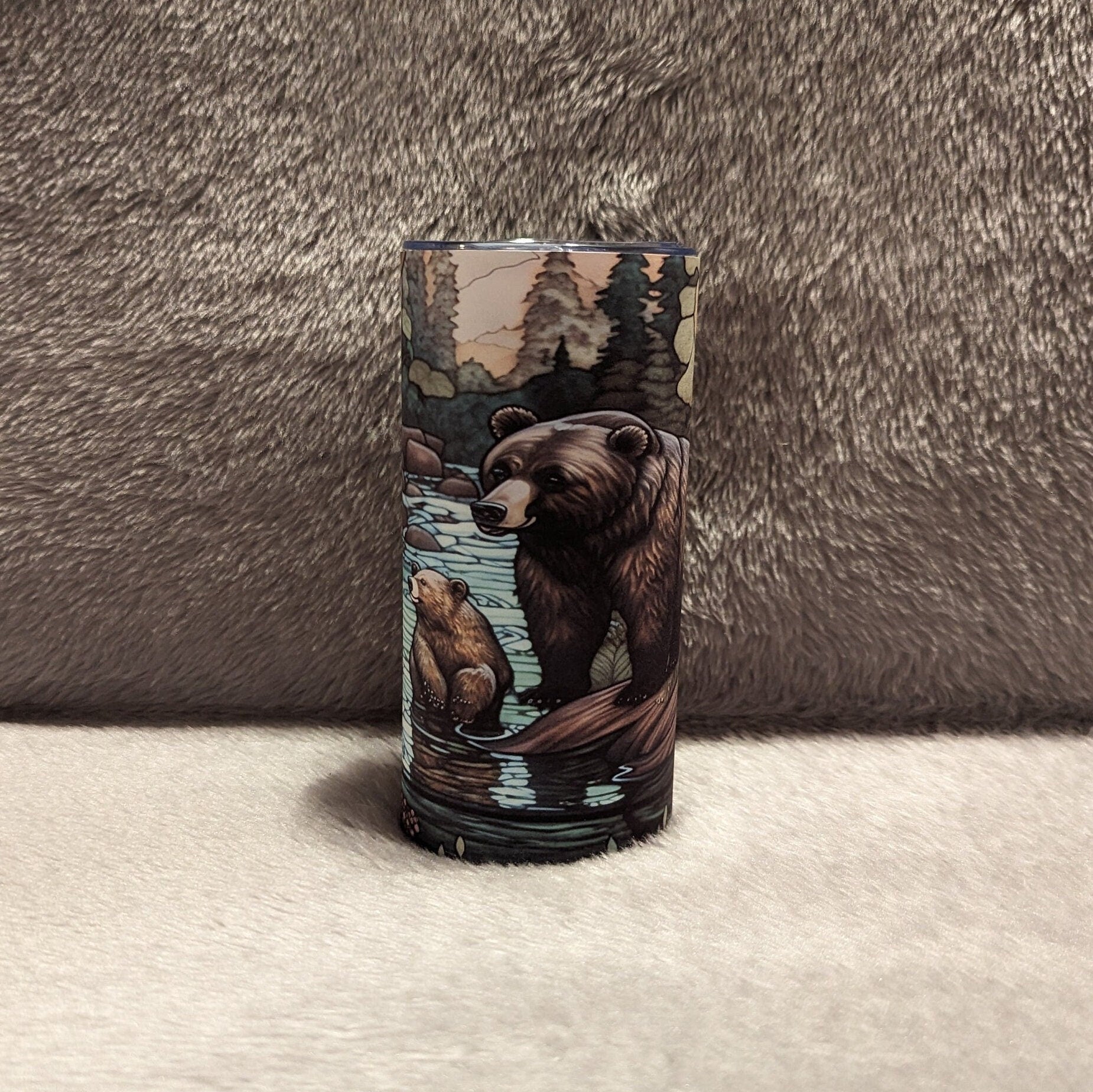 Kids Brown Bear Tumbler with Unique Stained Glass Design, Kids Bear Tumbler With A Bear And Her Cubs, Bear Lover Gift