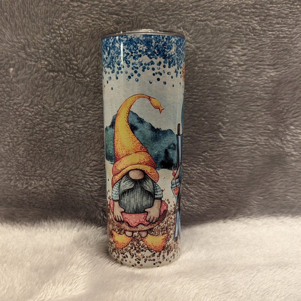 Beach Gnome Tumbler With Three Gnomes Relaxing On The Beach, Gift For Beach Lover, Beach Gnome Cup, Personalized Gnome Tumbler, 20oz Tumbler