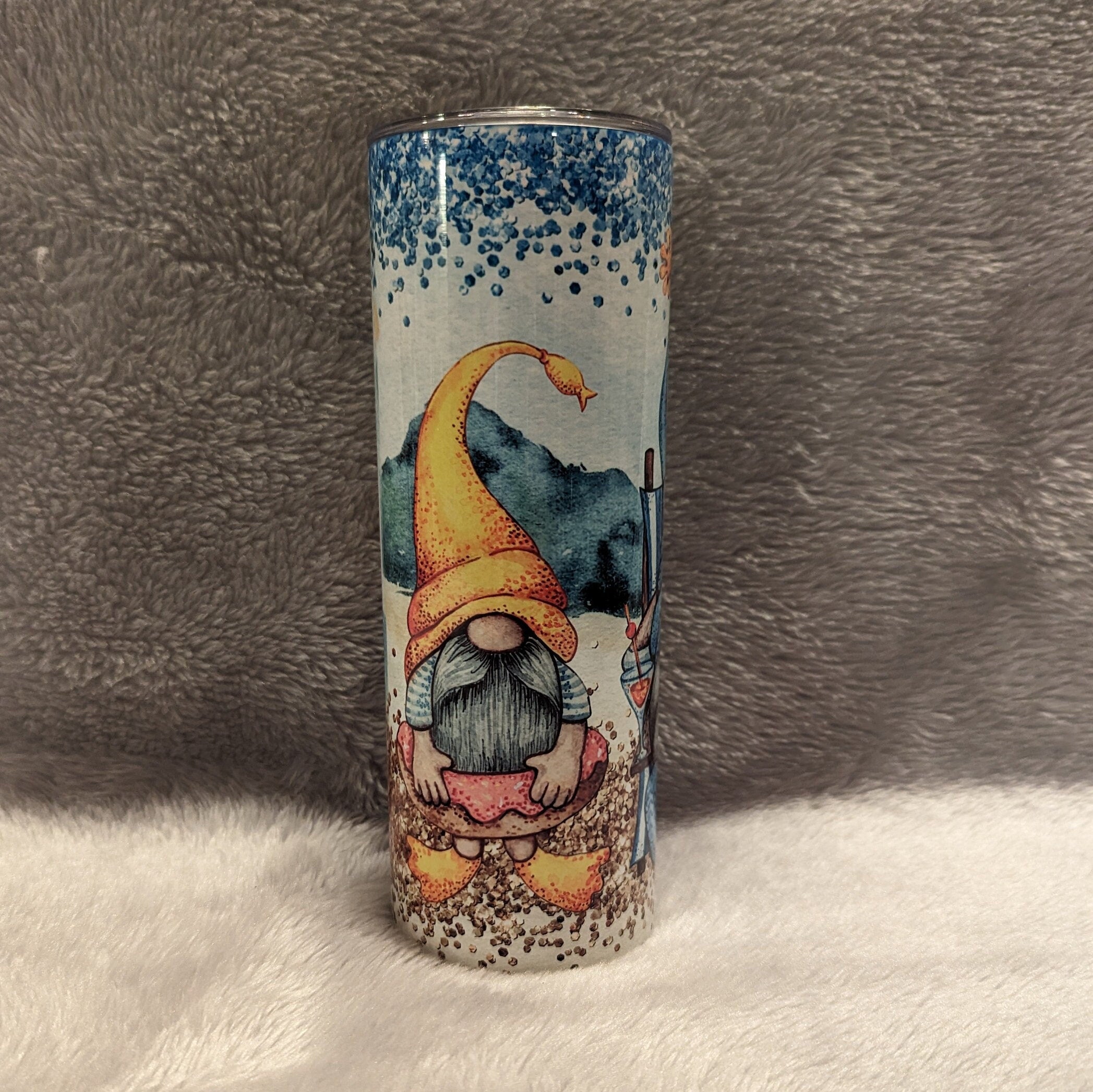 Beach Gnome Tumbler With Three Gnomes Relaxing On The Beach, Gift For Beach Lover, Beach Gnome Cup, Personalized Gnome Tumbler, 20oz Tumbler