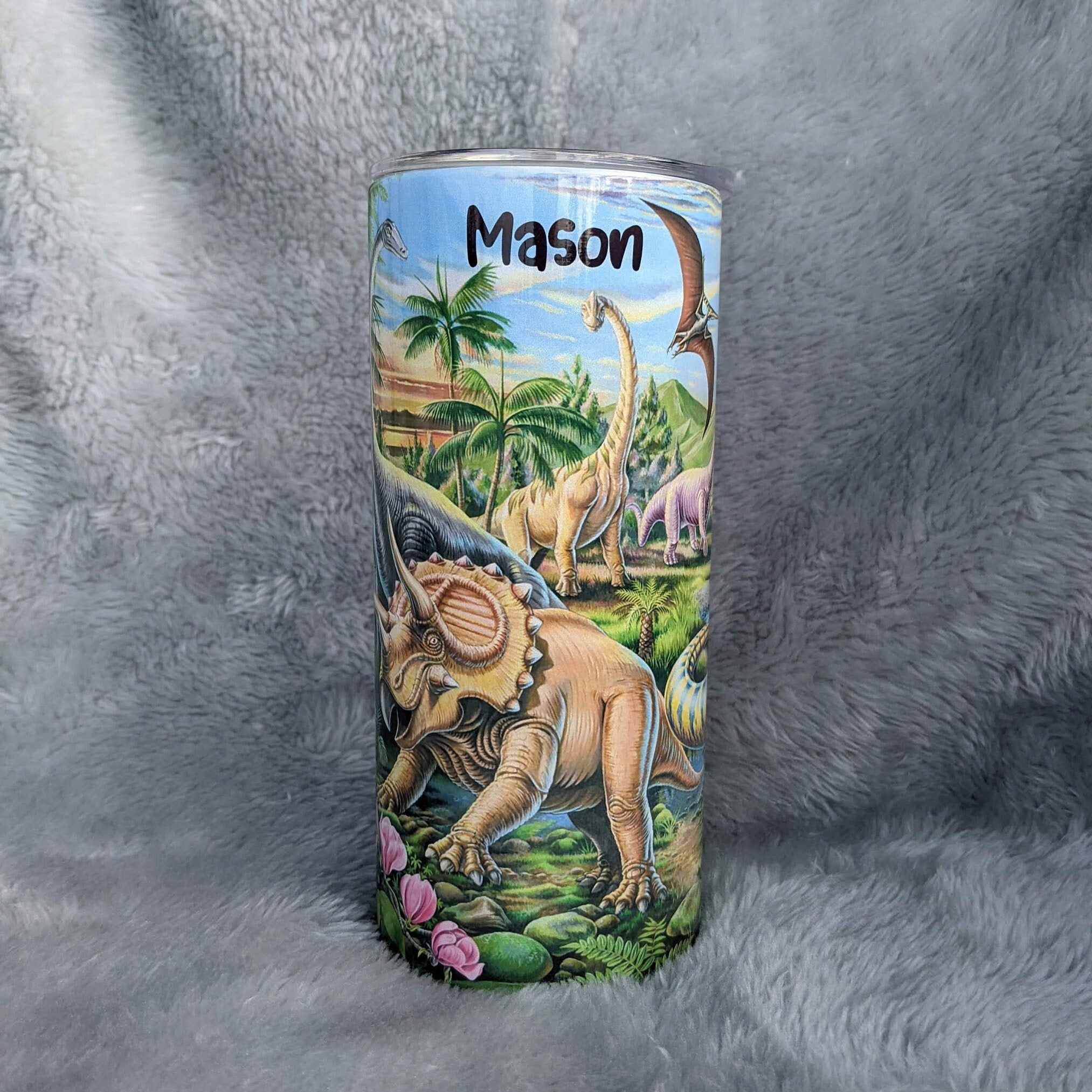 Kids Dinosaur Tumbler With Reusable Plastic Straw, Dinosaur Tumbler, Dinosaur Theme, Kids Personalized Tumbler, 15oz tumbler, Insulated Cup