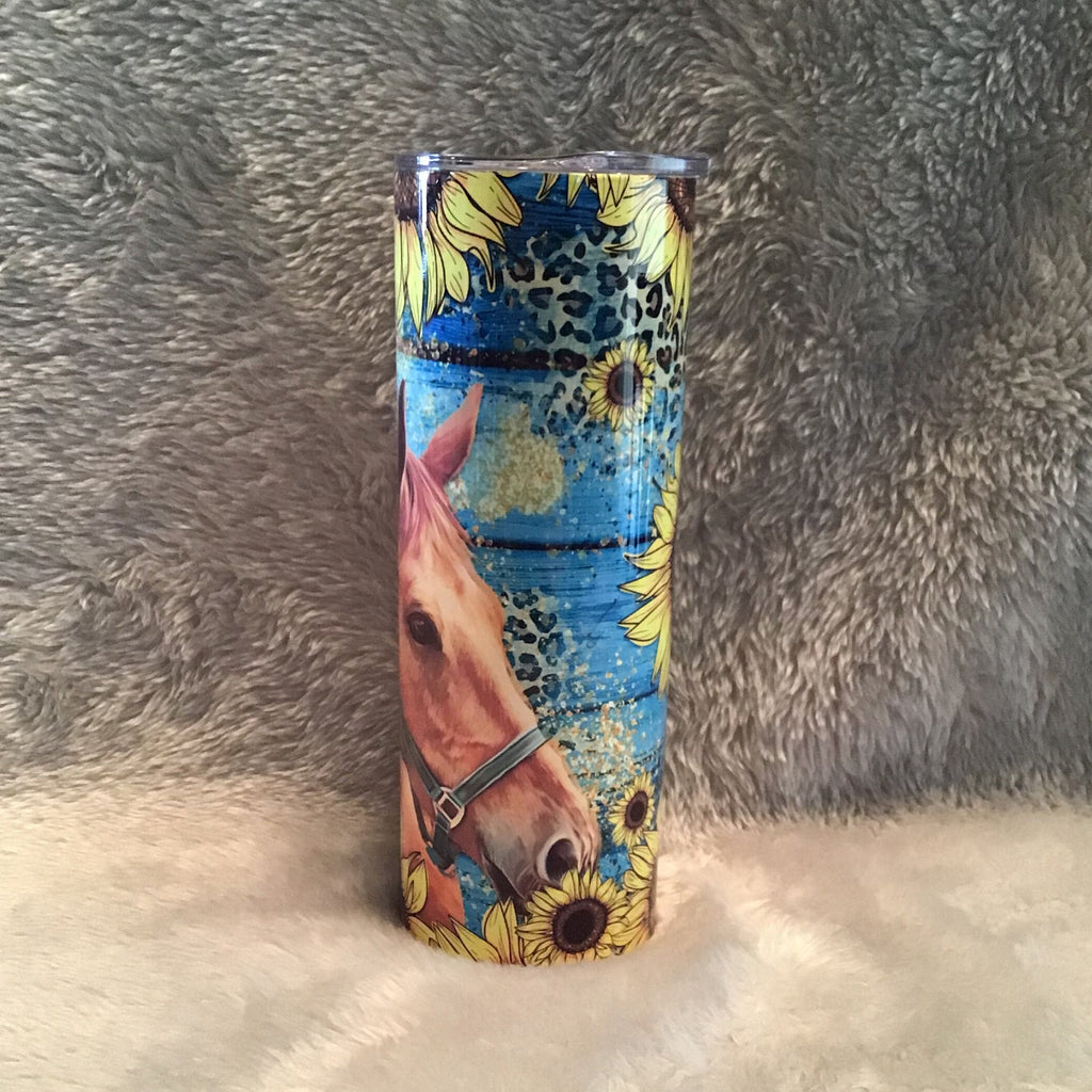Horse Tumbler With Sunflowers 20oz With Reusable Straw, Can Be Personalized