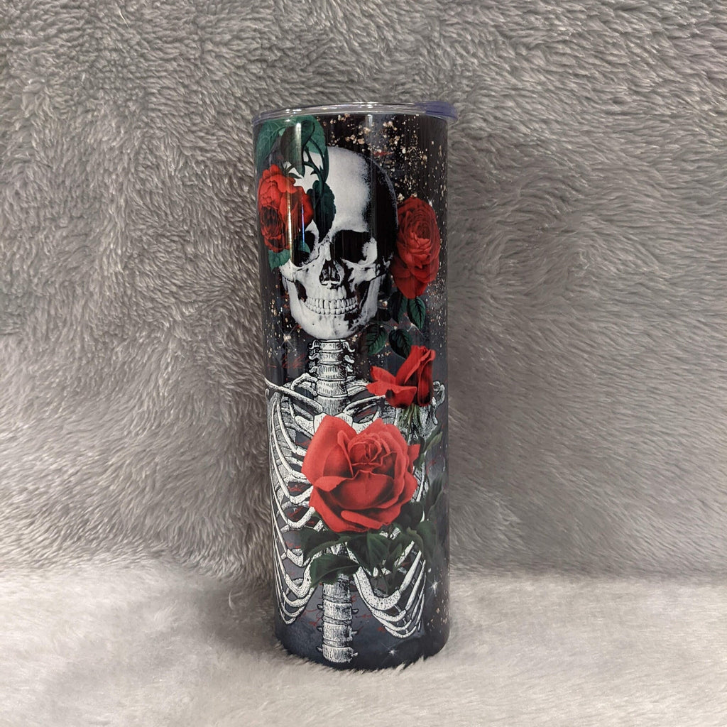 Skeleton Tumbler With Red Roses, Can Be Personalized, 20oz Skinny Tumbler With Straw, For Home Or On The Go, Hot Cold Drinkware