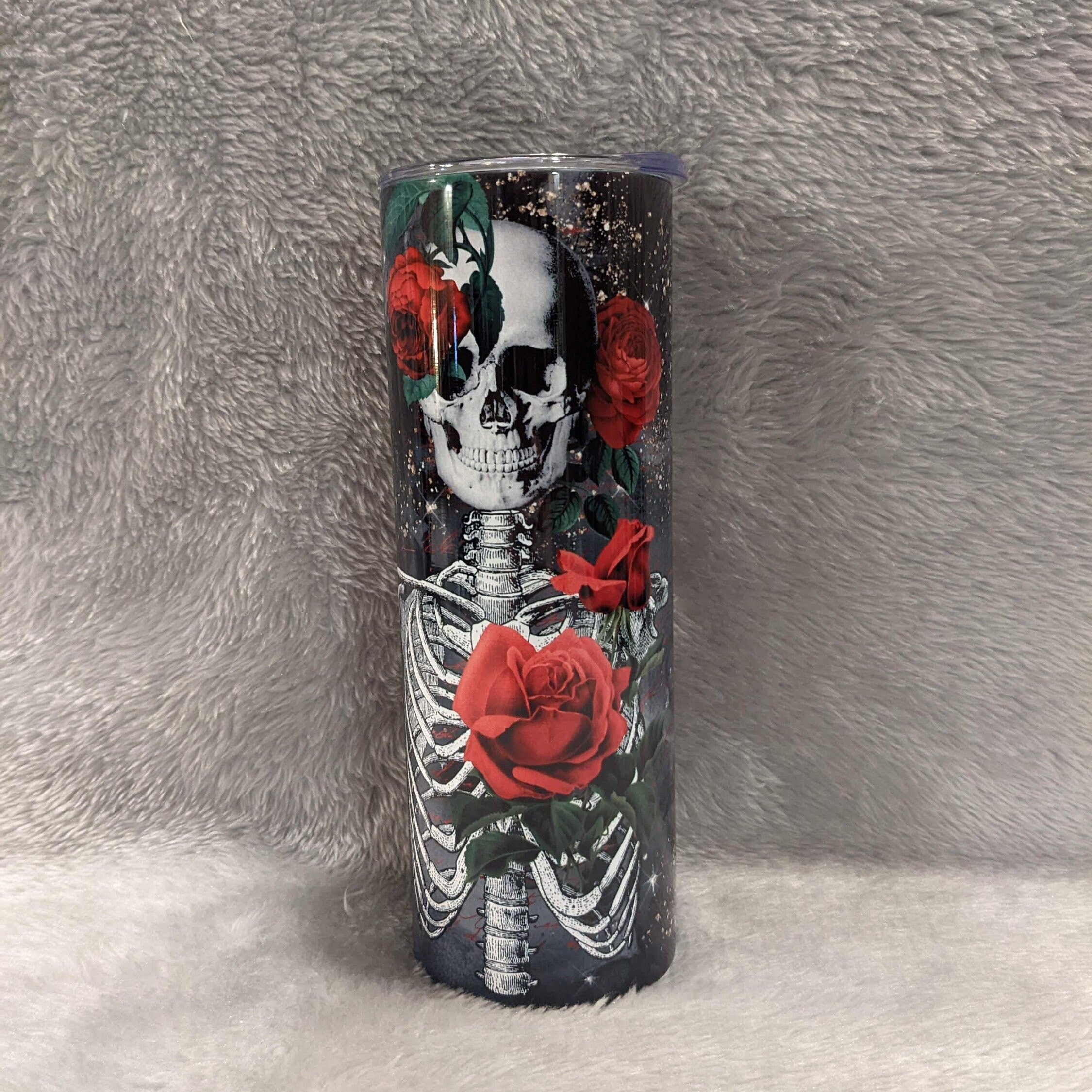 Skeleton Tumbler With Red Roses, Can Be Personalized, 20oz Skinny Tumbler With Straw, For Home Or On The Go, Hot Cold Drinkware