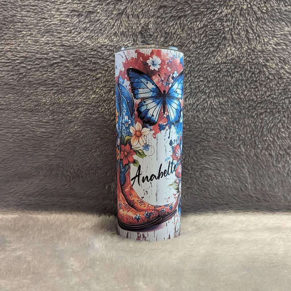 Patriotic Country Cowgirl Boots Tumbler With Straw, Girls Cowgirl Boots Flowers and Butterflies, Personalized Cowgirl Tumbler, Gift For Her