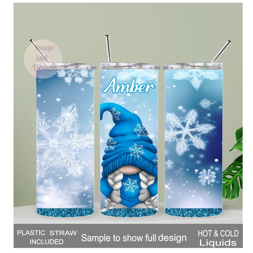 Whimsical Girl Gnome Tumbler with Blue Snowflakes - Cute Gift for Winter Lovers, Gnome Cup With Name, Great For Hot and Cold Drinks