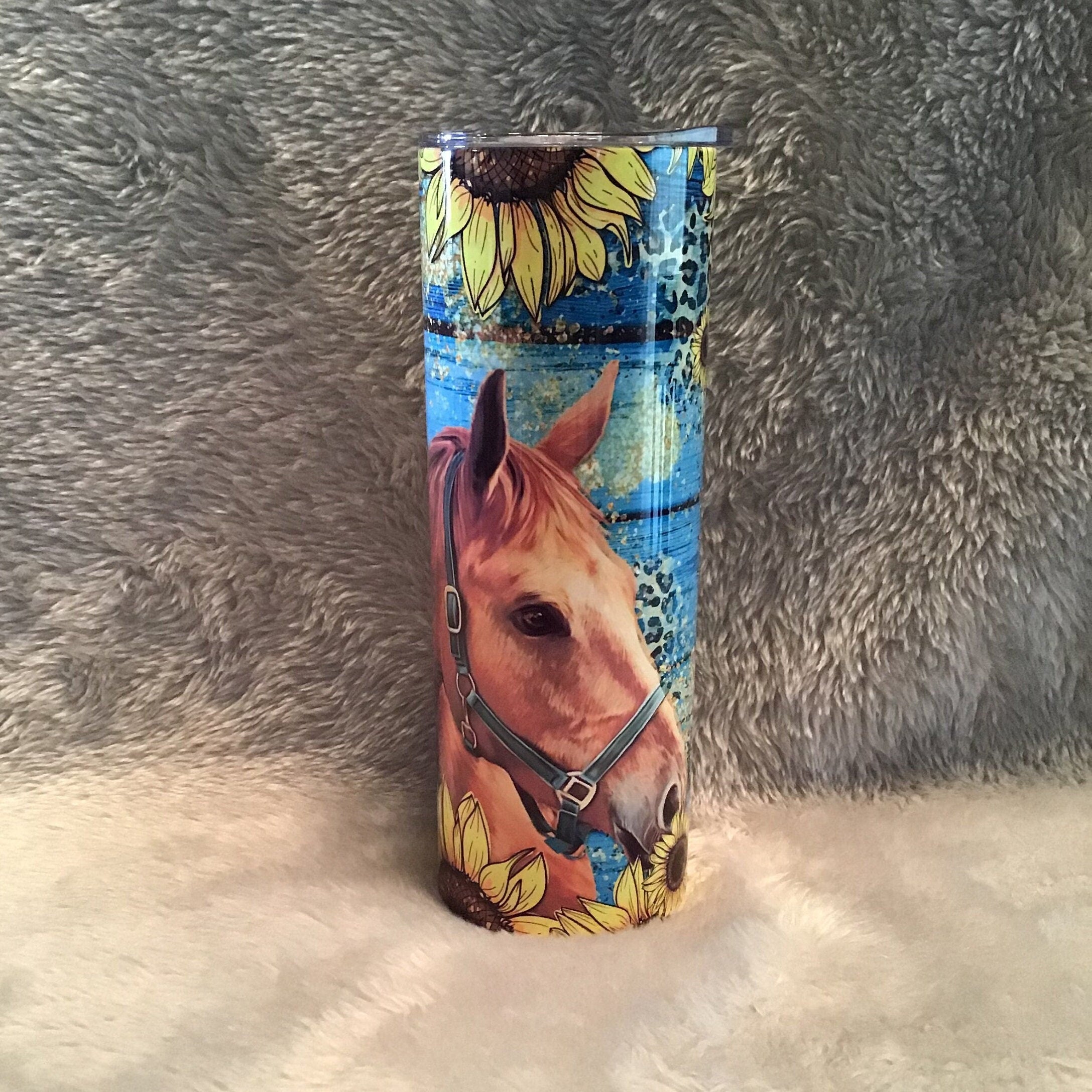Horse Tumbler With Sunflowers 20oz With Reusable Straw, Can Be Personalized