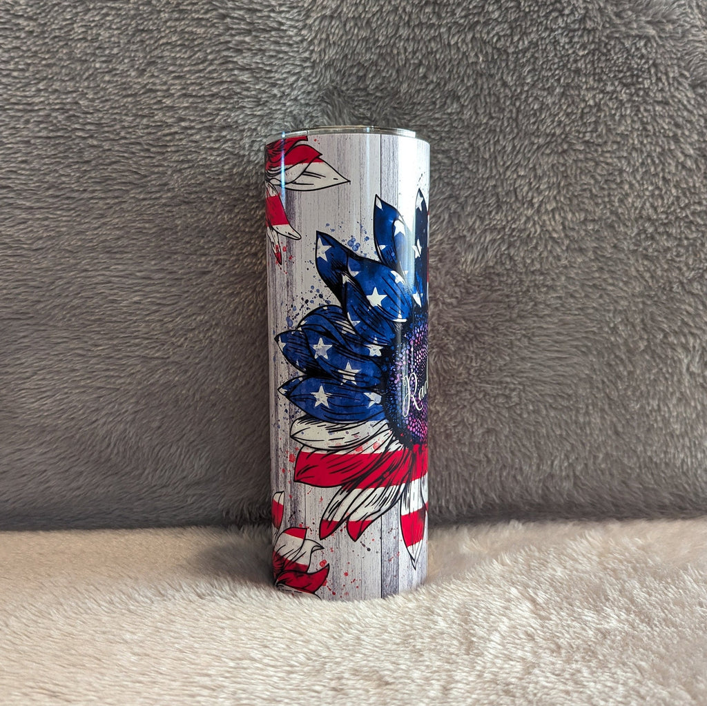 Patriotic Sunflower Tumbler Personalized, Patriotic Sunflower Cup With Name, Patriotic Flower Gift, Gift For Her, Hot Or Cold Drinkware