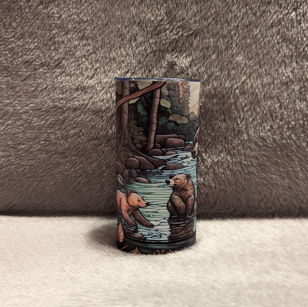 Kids Brown Bear Tumbler with Unique Stained Glass Design, Kids Bear Tumbler With A Bear And Her Cubs, Bear Lover Gift