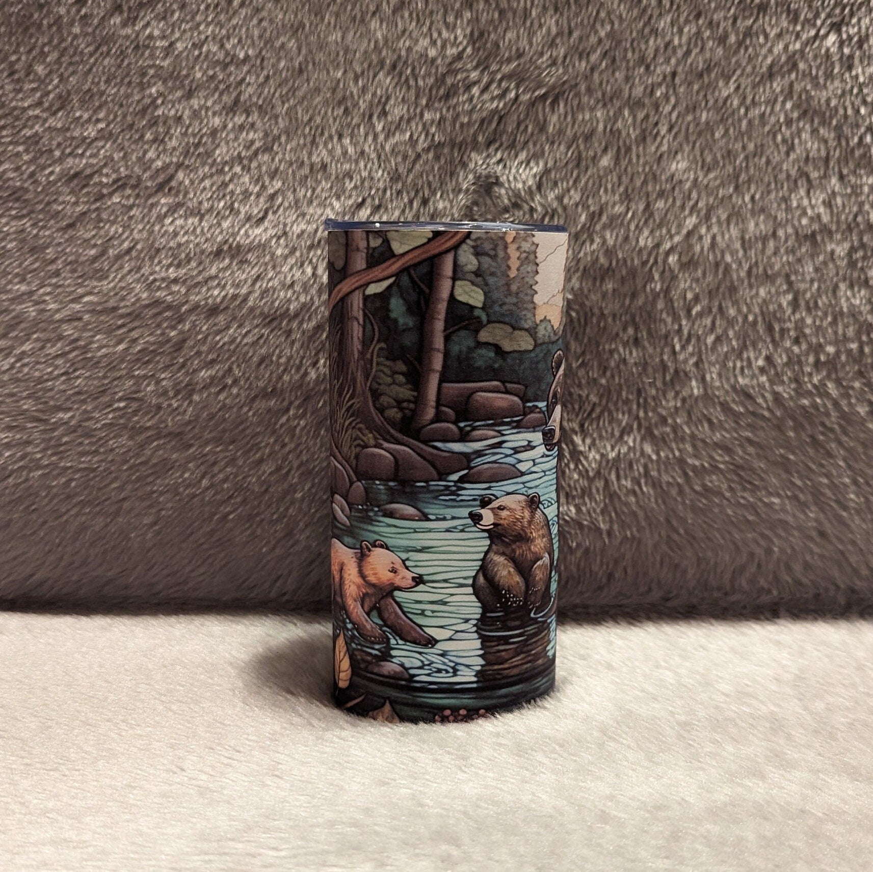 Kids Brown Bear Tumbler with Unique Stained Glass Design, Kids Bear Tumbler With A Bear And Her Cubs, Bear Lover Gift