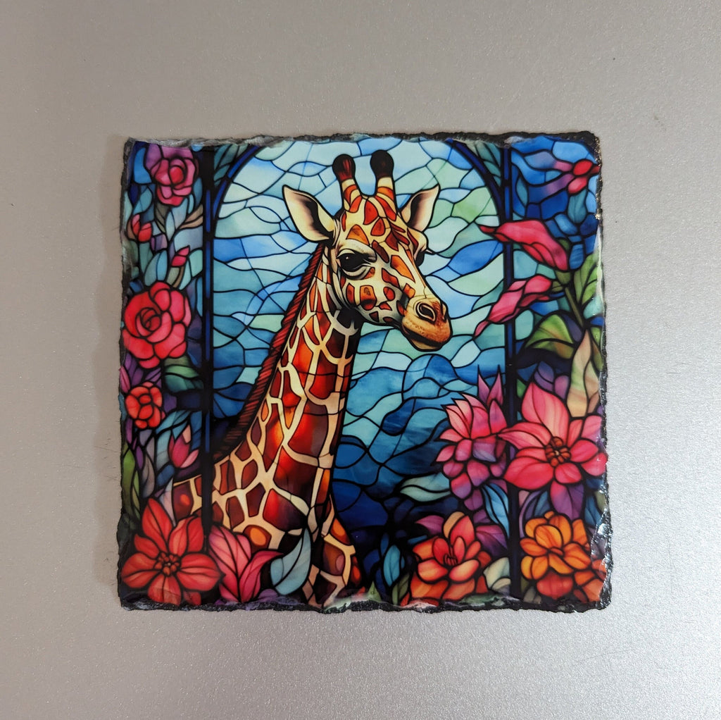 Slate Giraffe Picture With A Stained Glass Design Includes Display Legs